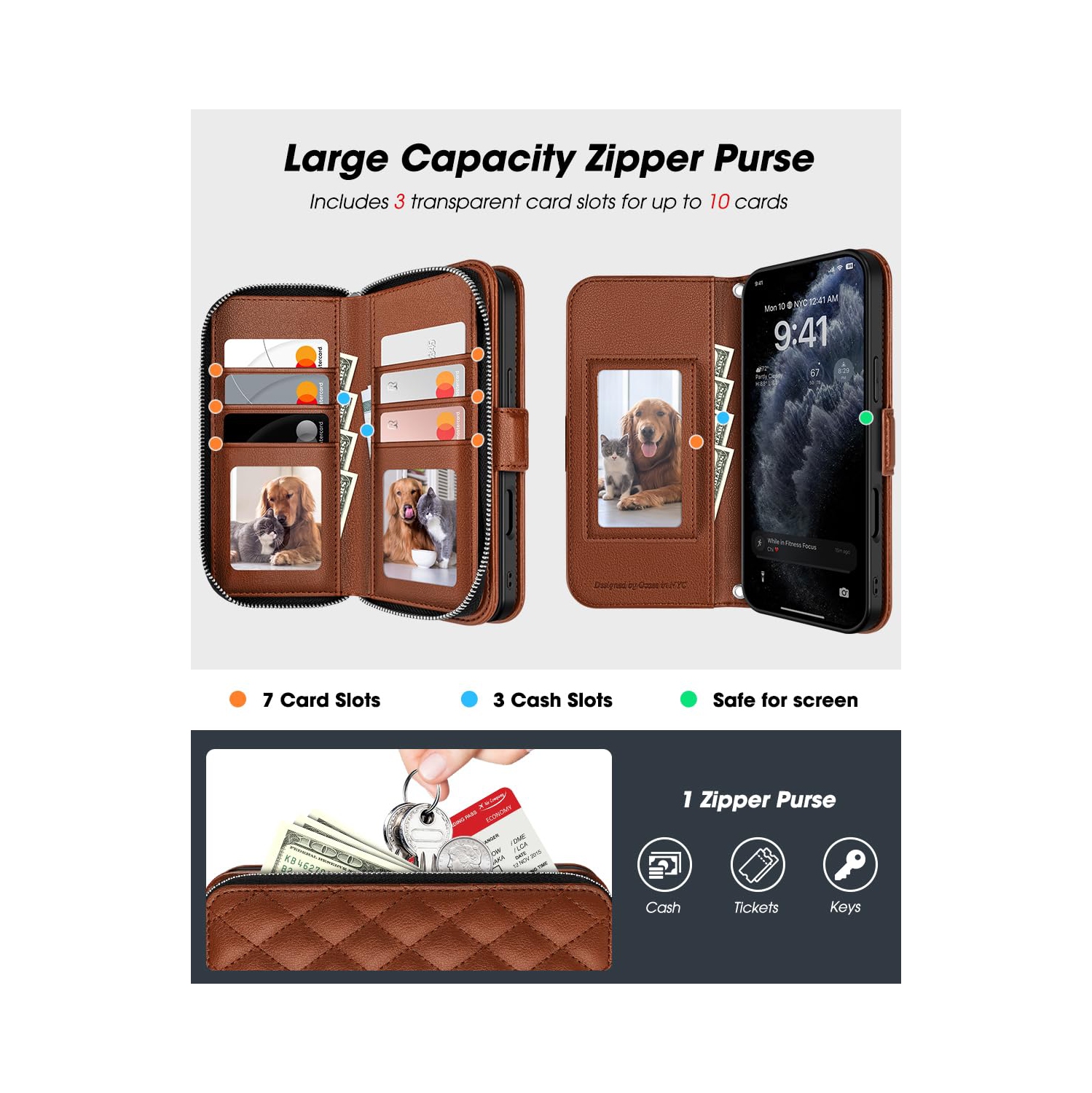 iPhone 17 Pro Case Wallet, RFID Blocking Card Holder for Women and Men Fashion PU Leather Magnetic Snap Flip Zipper Phone Case with Shoulder Wrist