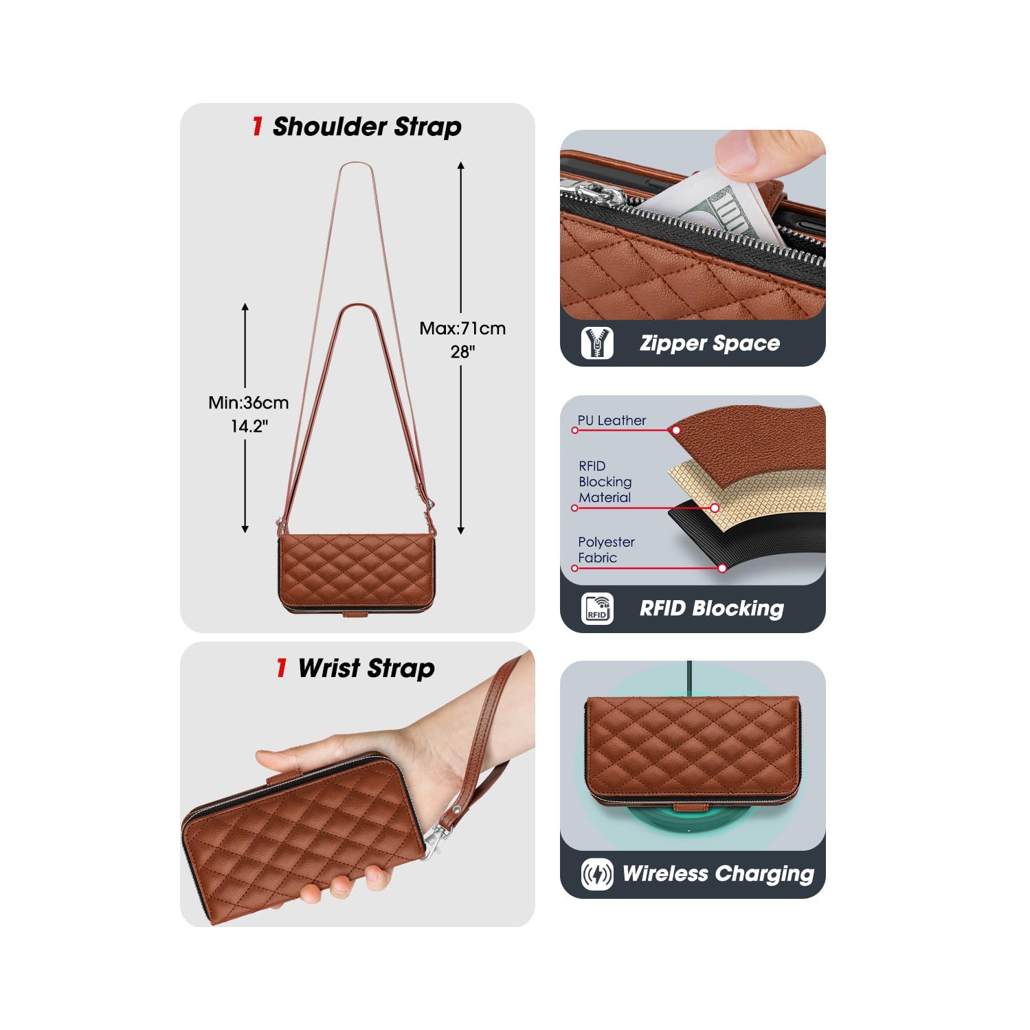 iPhone 17 Pro Case Wallet, RFID Blocking Card Holder for Women and Men Fashion PU Leather Magnetic Snap Flip Zipper Phone Case with Shoulder Wrist