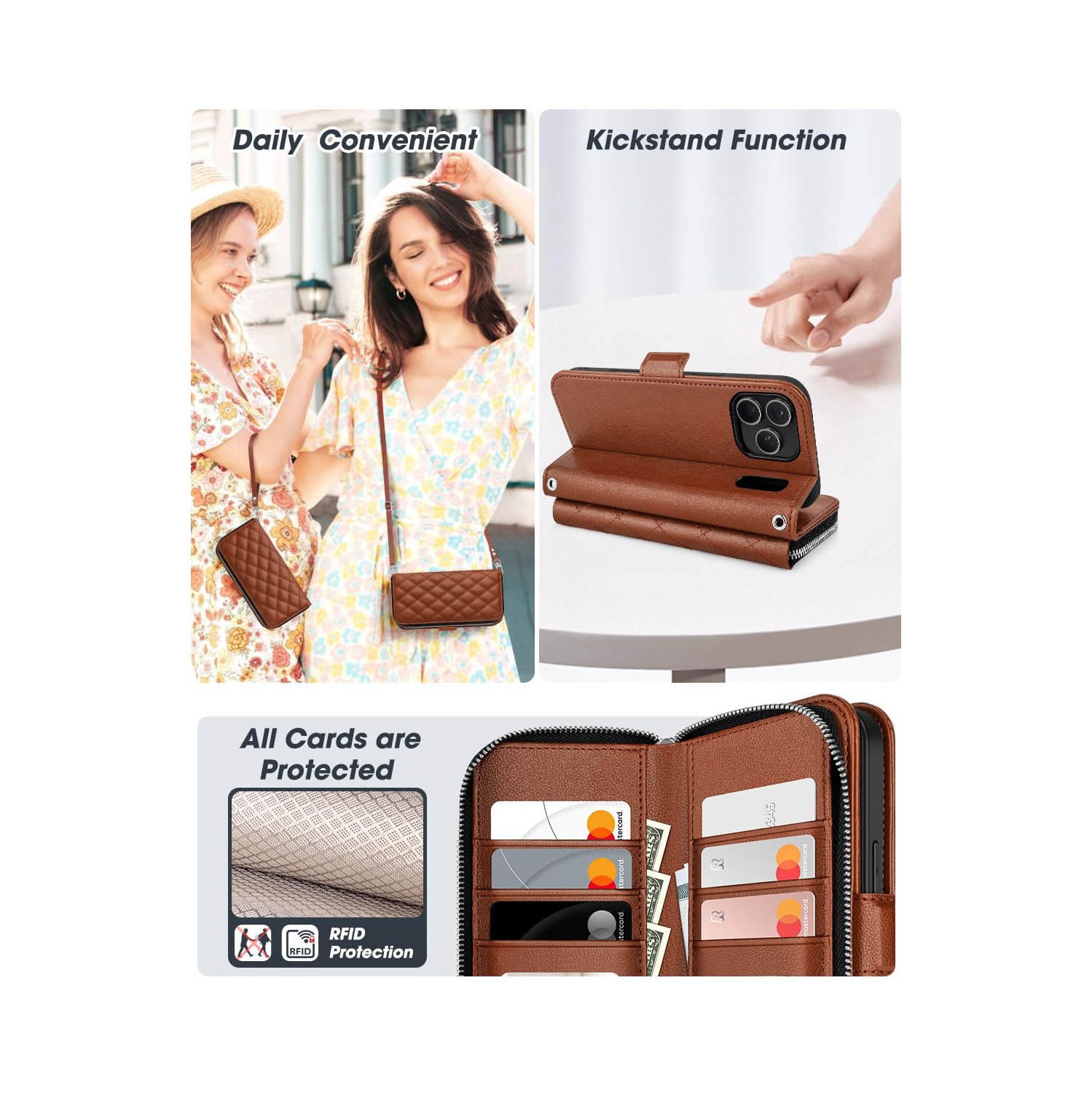 iPhone 17 Pro Case Wallet, RFID Blocking Card Holder for Women and Men Fashion PU Leather Magnetic Snap Flip Zipper Phone Case with Shoulder Wrist