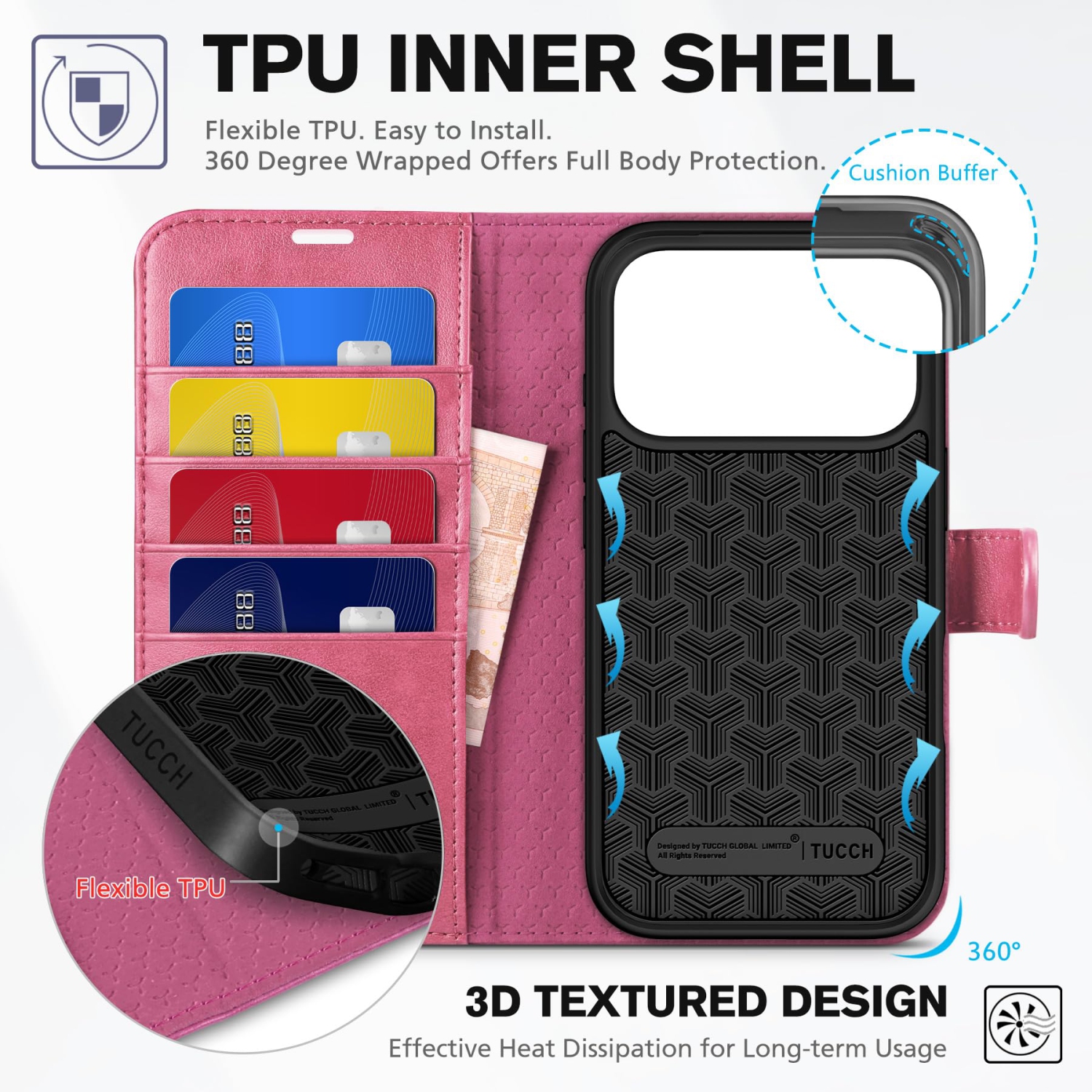 Wallet Case Compatible with iPhone 17 Pro 2025, 4 Card Slots | RFID Blocking | PU Leather | Magnetic Closure | Protective Flip Folio Cover | Hot Pink