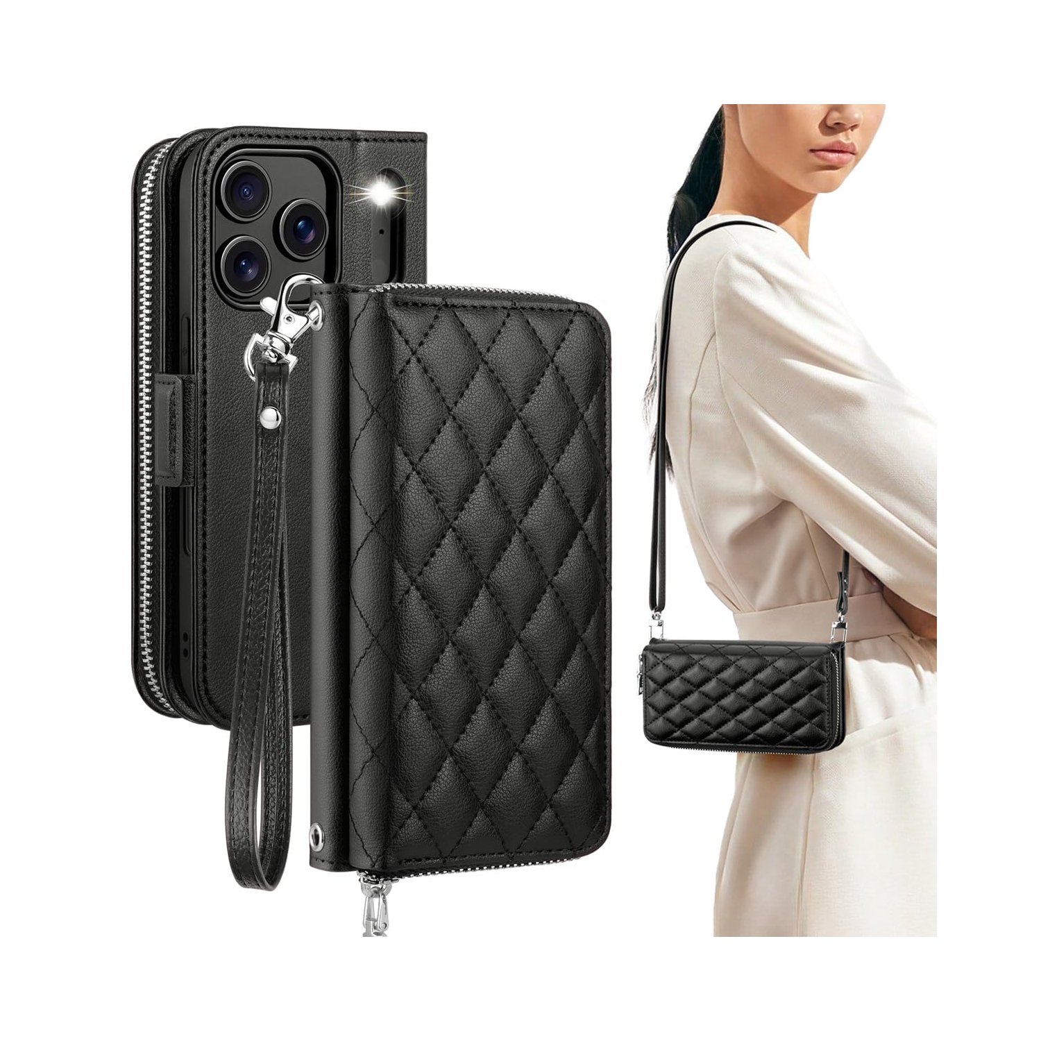 iPhone 17 Pro Case Wallet, RFID Blocking Card Holder for Women and Men Fashion PU Leather Magnetic Snap Flip Zipper Phone Case with Shoulder Wrist