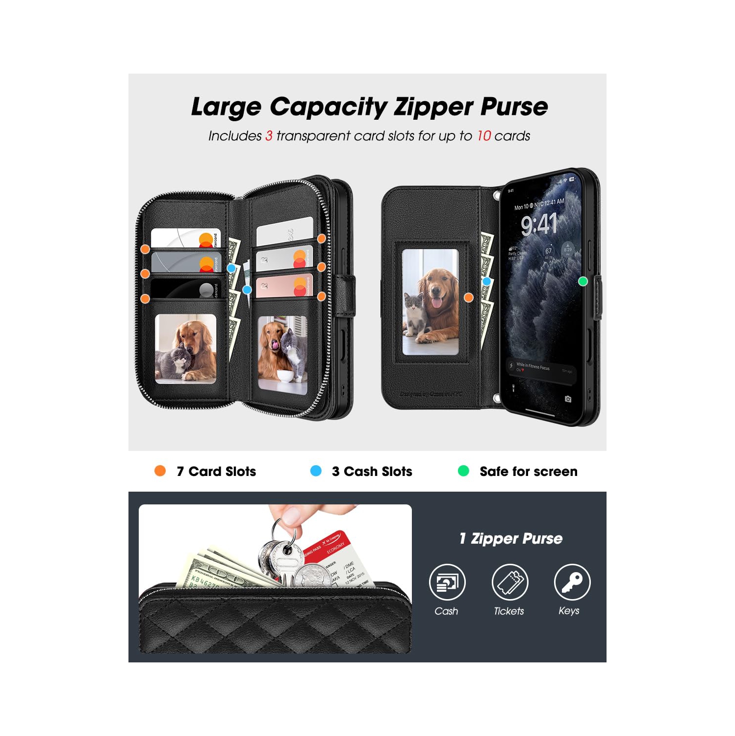 iPhone 17 Pro Case Wallet, RFID Blocking Card Holder for Women and Men Fashion PU Leather Magnetic Snap Flip Zipper Phone Case with Shoulder Wrist