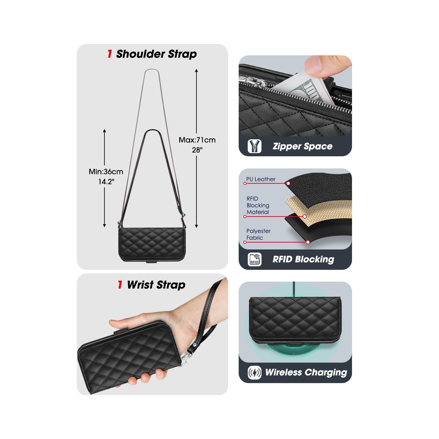 iPhone 17 Pro Case Wallet, RFID Blocking Card Holder for Women and Men Fashion PU Leather Magnetic Snap Flip Zipper Phone Case with Shoulder Wrist