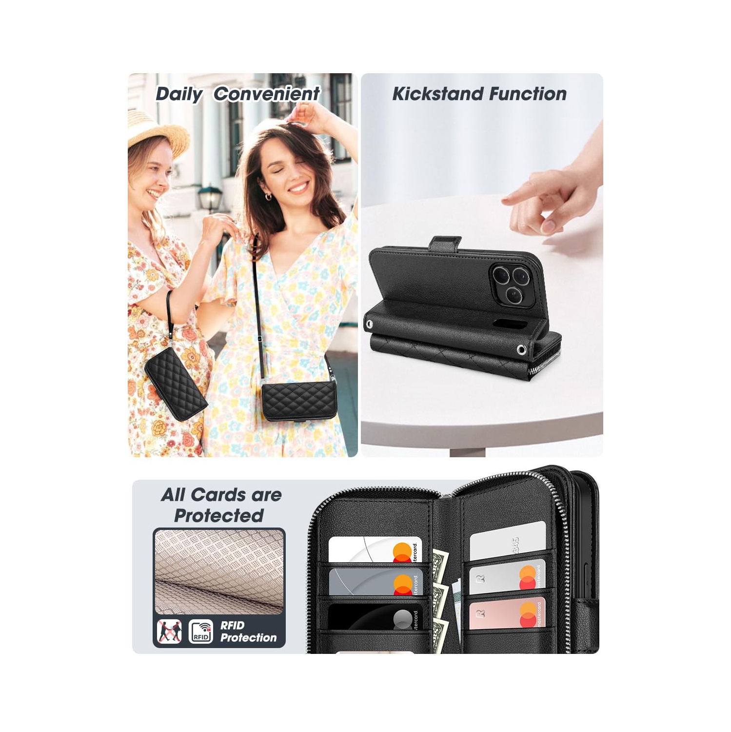 iPhone 17 Pro Case Wallet, RFID Blocking Card Holder for Women and Men Fashion PU Leather Magnetic Snap Flip Zipper Phone Case with Shoulder Wrist