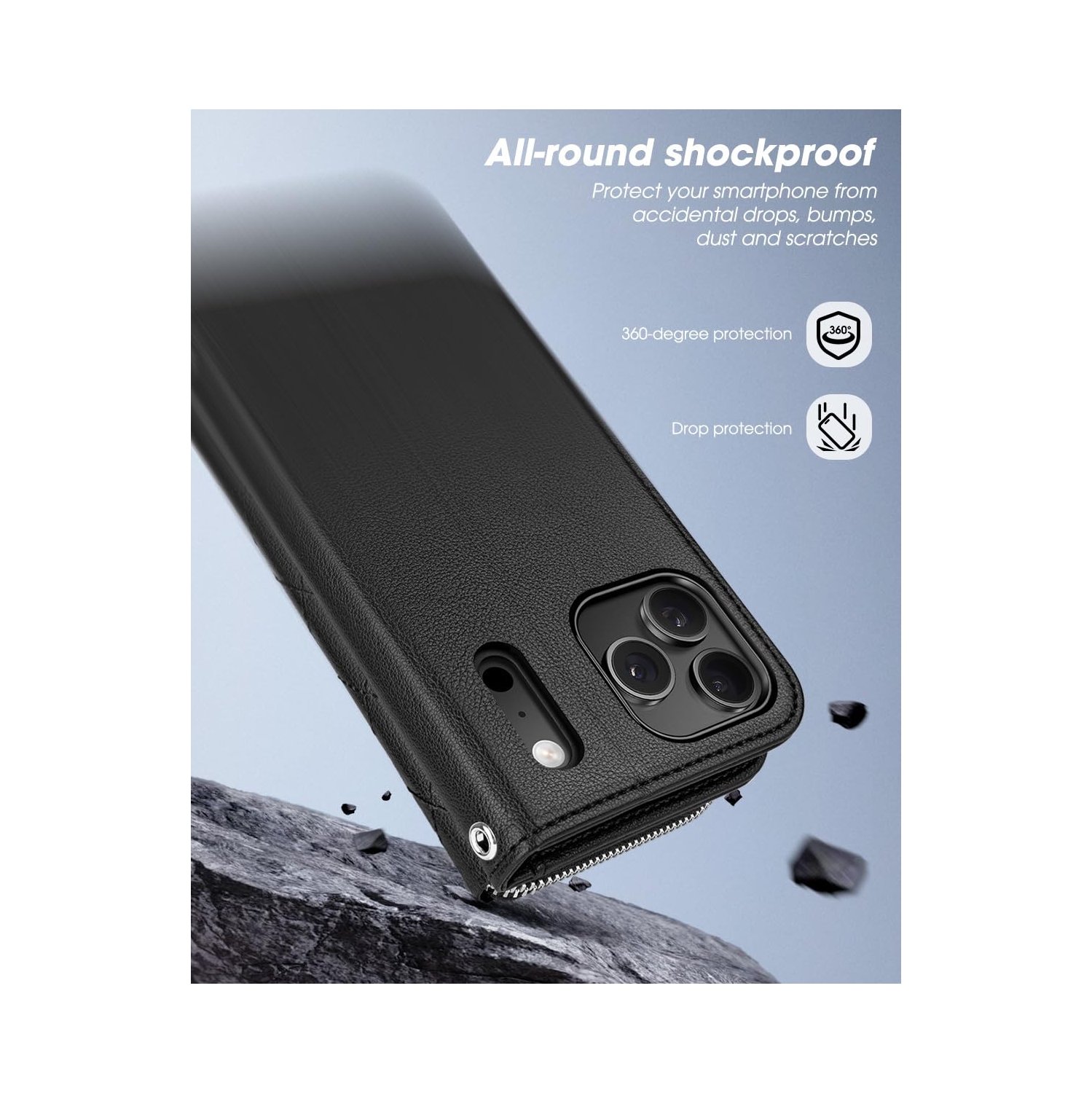 iPhone 17 Pro Case Wallet, RFID Blocking Card Holder for Women and Men Fashion PU Leather Magnetic Snap Flip Zipper Phone Case with Shoulder Wrist