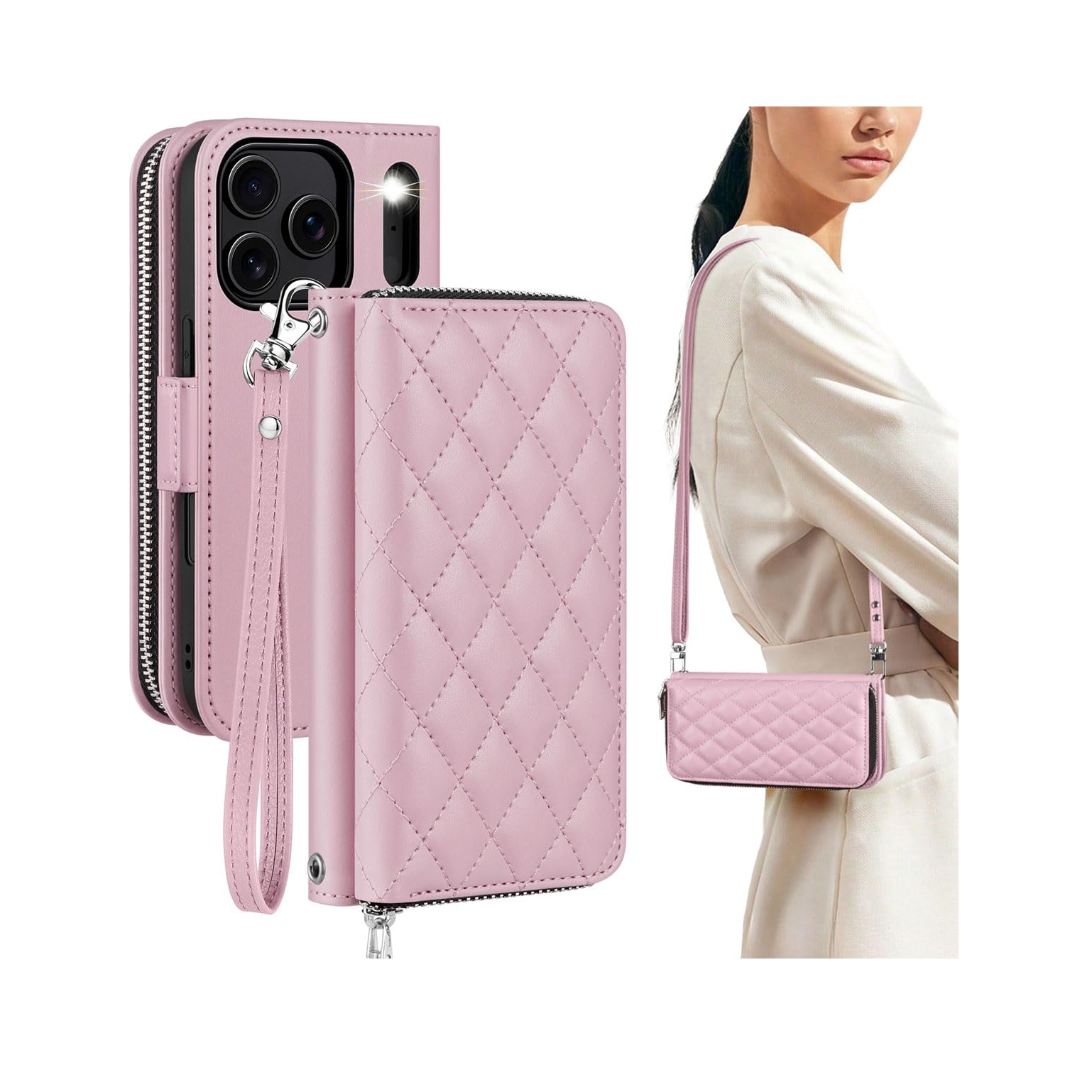 iPhone 17 Pro Case Wallet, RFID Blocking Card Holder for Women and Men Fashion PU Leather Magnetic Snap Flip Zipper Phone Case with Shoulder Wrist