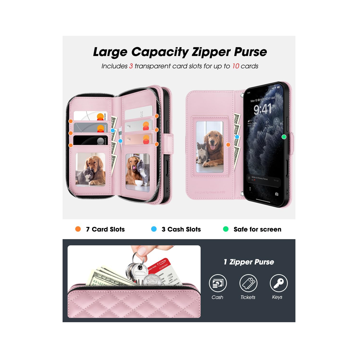 iPhone 17 Pro Case Wallet, RFID Blocking Card Holder for Women and Men Fashion PU Leather Magnetic Snap Flip Zipper Phone Case with Shoulder Wrist