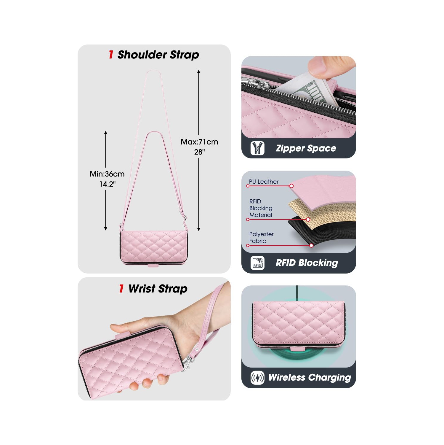 iPhone 17 Pro Case Wallet, RFID Blocking Card Holder for Women and Men Fashion PU Leather Magnetic Snap Flip Zipper Phone Case with Shoulder Wrist