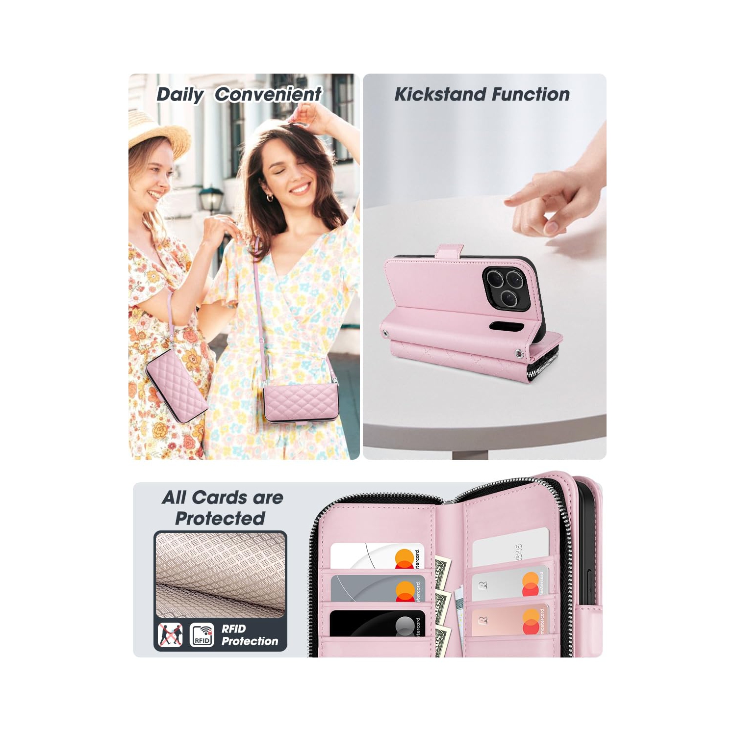 iPhone 17 Pro Case Wallet, RFID Blocking Card Holder for Women and Men Fashion PU Leather Magnetic Snap Flip Zipper Phone Case with Shoulder Wrist