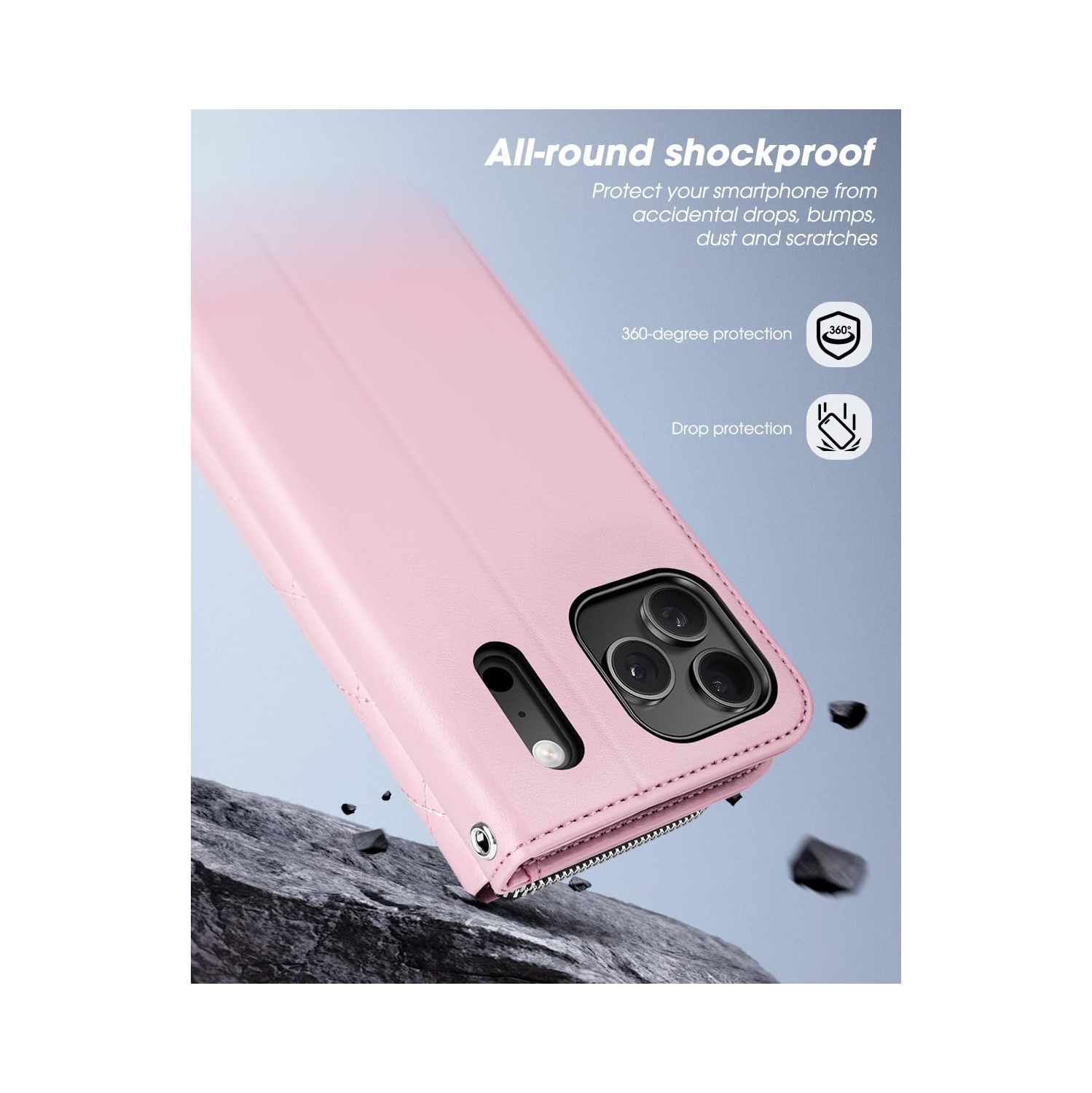 iPhone 17 Pro Case Wallet, RFID Blocking Card Holder for Women and Men Fashion PU Leather Magnetic Snap Flip Zipper Phone Case with Shoulder Wrist