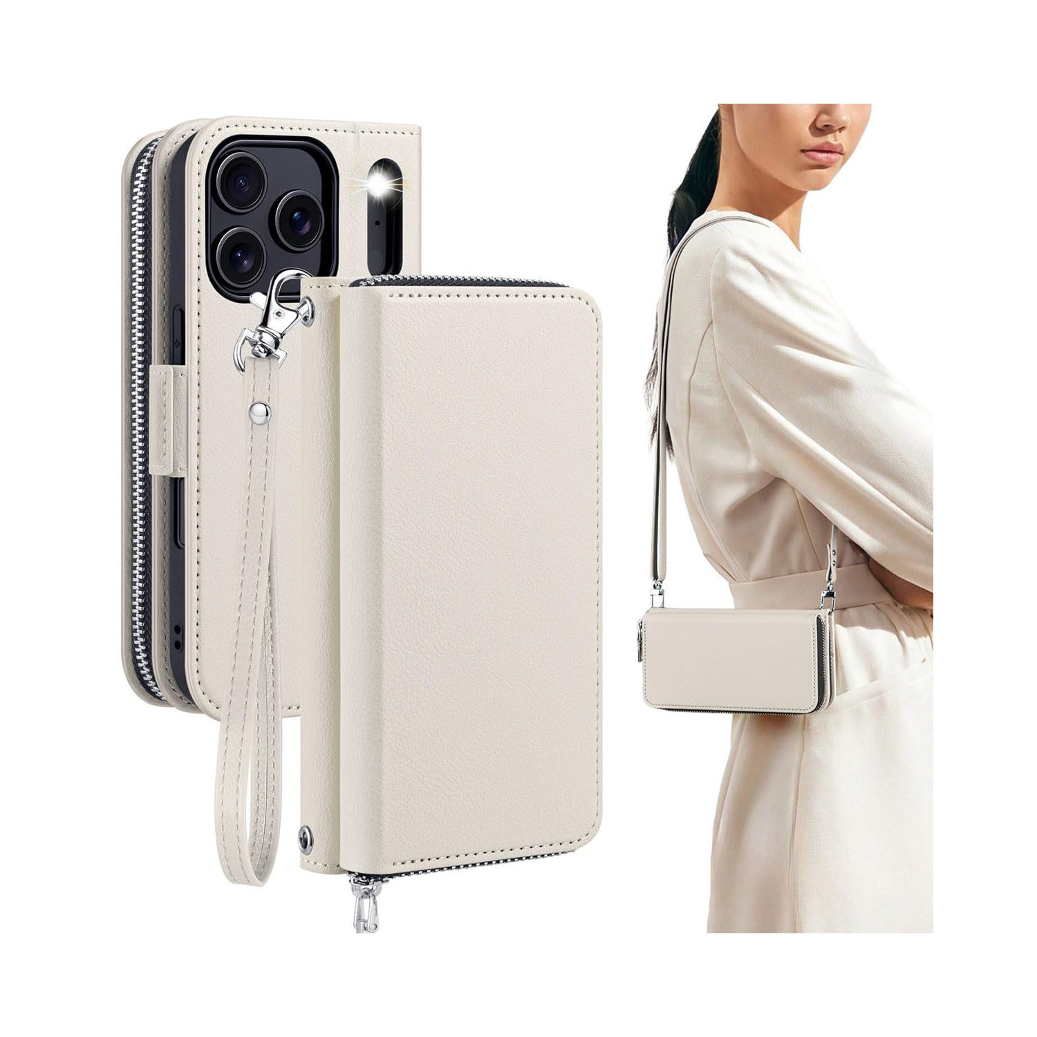 iPhone 17 Pro Case Wallet, RFID Blocking Card Holder for Women and Men Fashion PU Leather Magnetic Snap Flip Zipper Phone Case with Shoulder Wrist