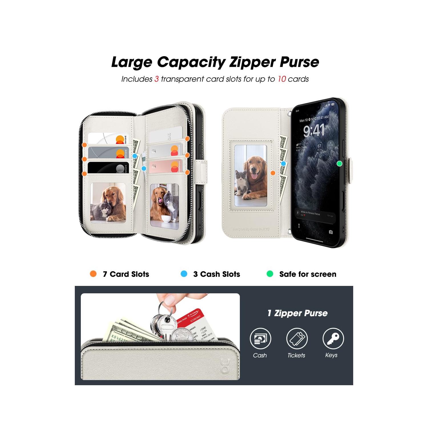 iPhone 17 Pro Case Wallet, RFID Blocking Card Holder for Women and Men Fashion PU Leather Magnetic Snap Flip Zipper Phone Case with Shoulder Wrist