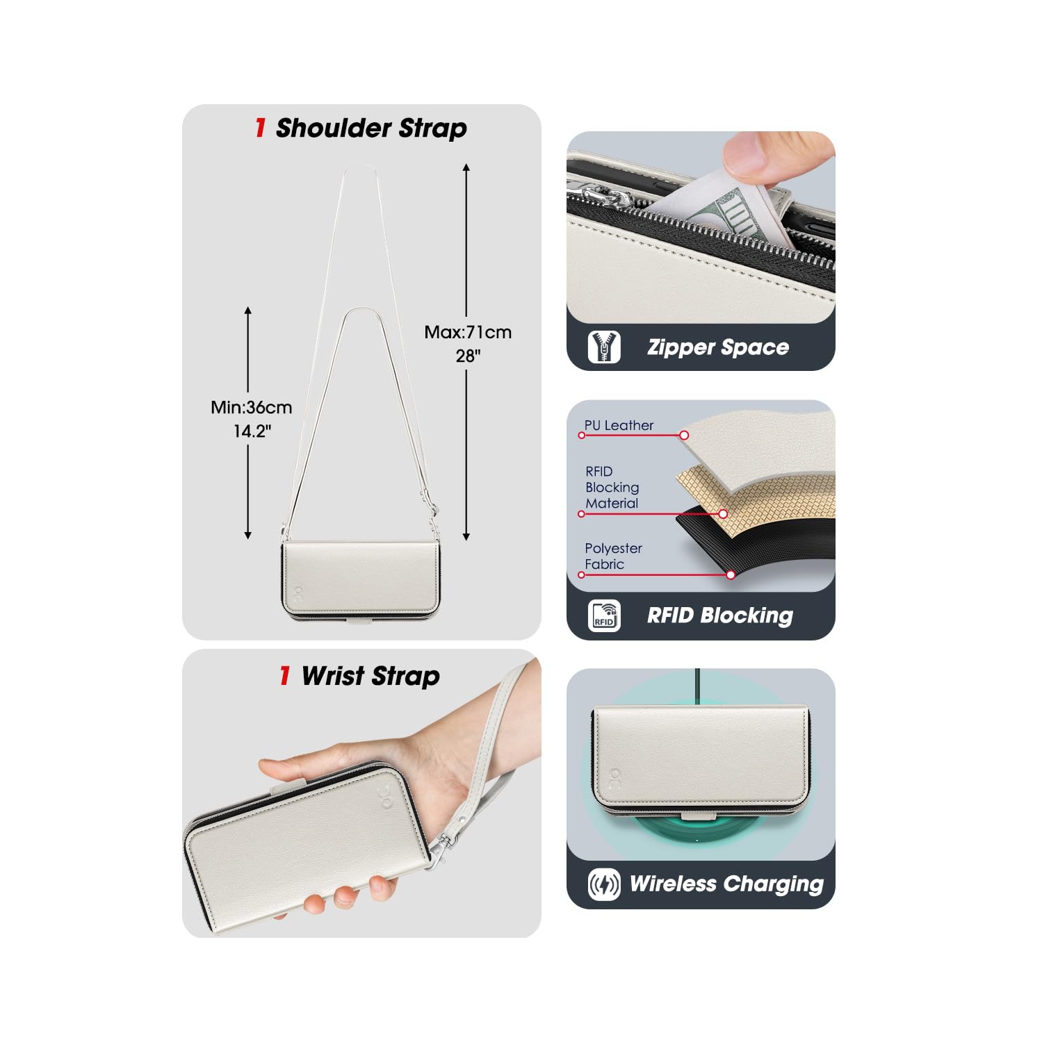 iPhone 17 Pro Case Wallet, RFID Blocking Card Holder for Women and Men Fashion PU Leather Magnetic Snap Flip Zipper Phone Case with Shoulder Wrist