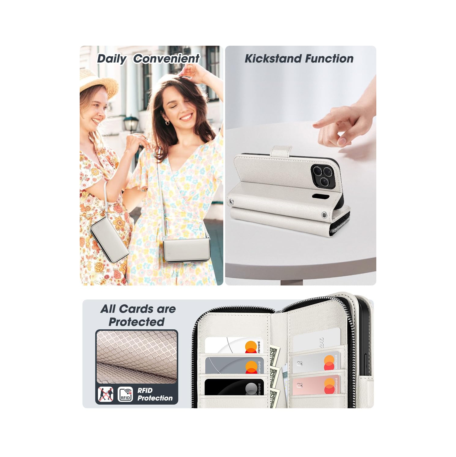 iPhone 17 Pro Case Wallet, RFID Blocking Card Holder for Women and Men Fashion PU Leather Magnetic Snap Flip Zipper Phone Case with Shoulder Wrist