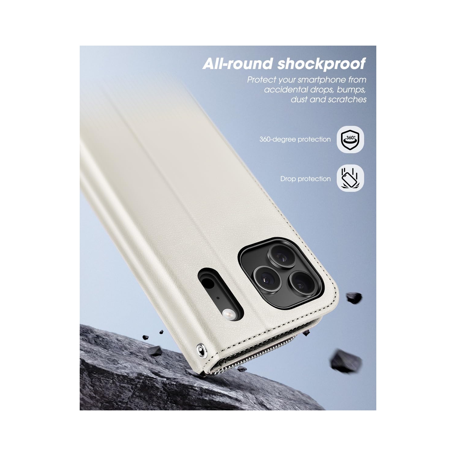 iPhone 17 Pro Case Wallet, RFID Blocking Card Holder for Women and Men Fashion PU Leather Magnetic Snap Flip Zipper Phone Case with Shoulder Wrist