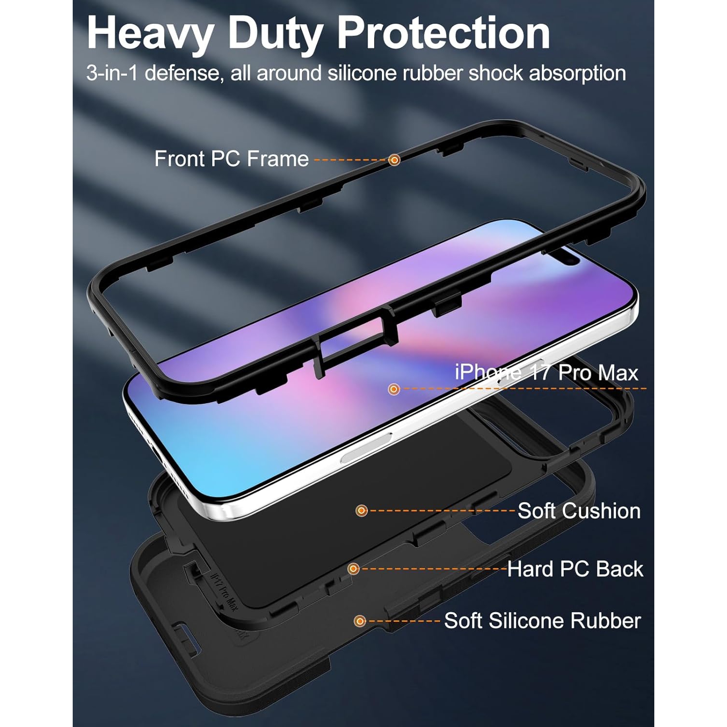 [CS] Triple 3 Layers Shockproof Heavy Duty Defender Hard Case for iPhone 17 Pro, Navy