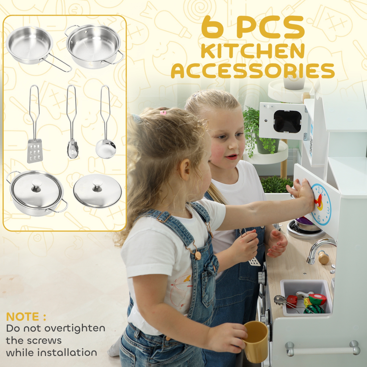 Ensemble de cuisine Play Kitchen for Kids de Qaba avec bouton de commande, horloge intégrée, laveuse, four à micro-ondes et support à serviettes,