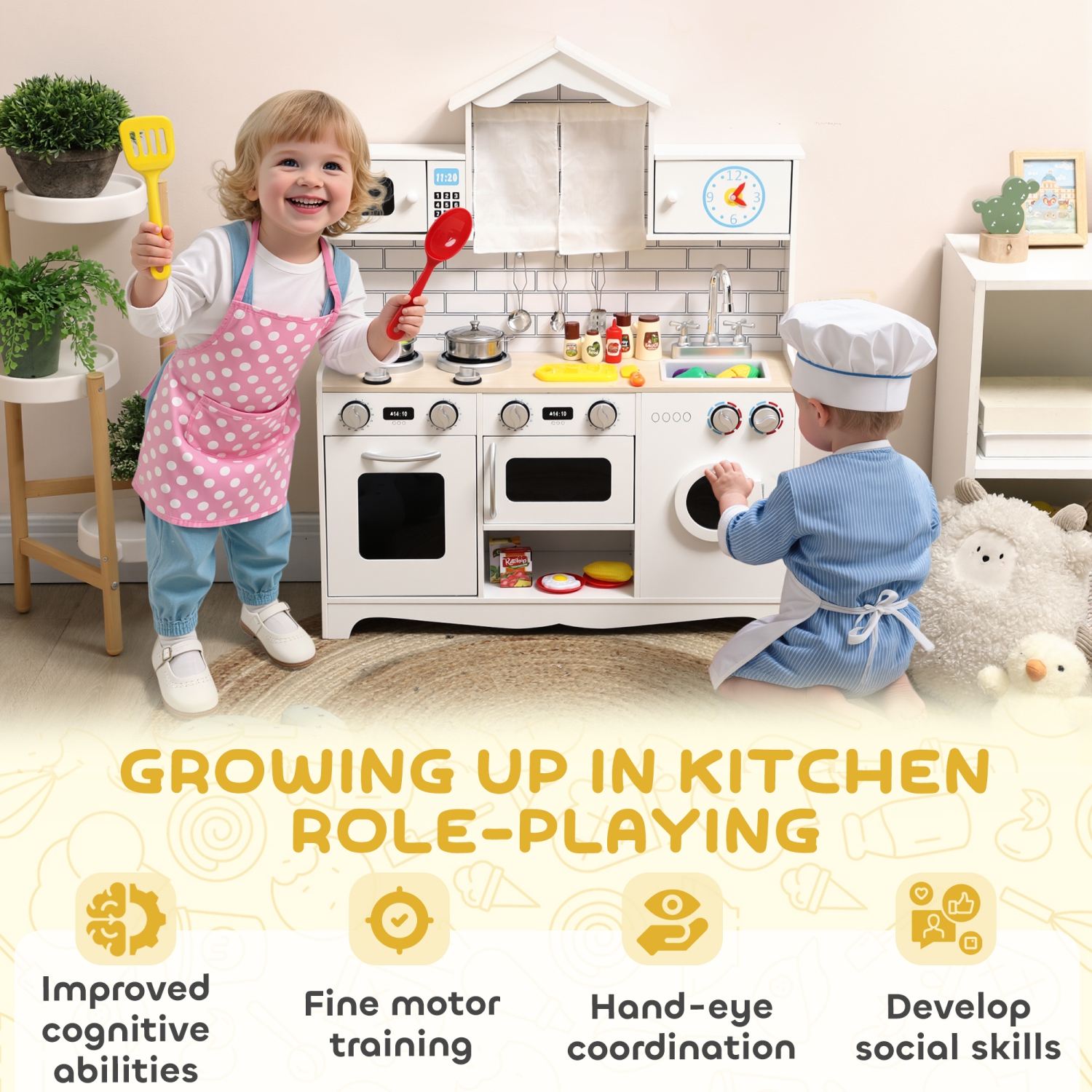 Ensemble de cuisine Play Kitchen for Kids de Qaba avec bouton de commande, horloge intégrée, laveuse, four à micro-ondes et support à serviettes,