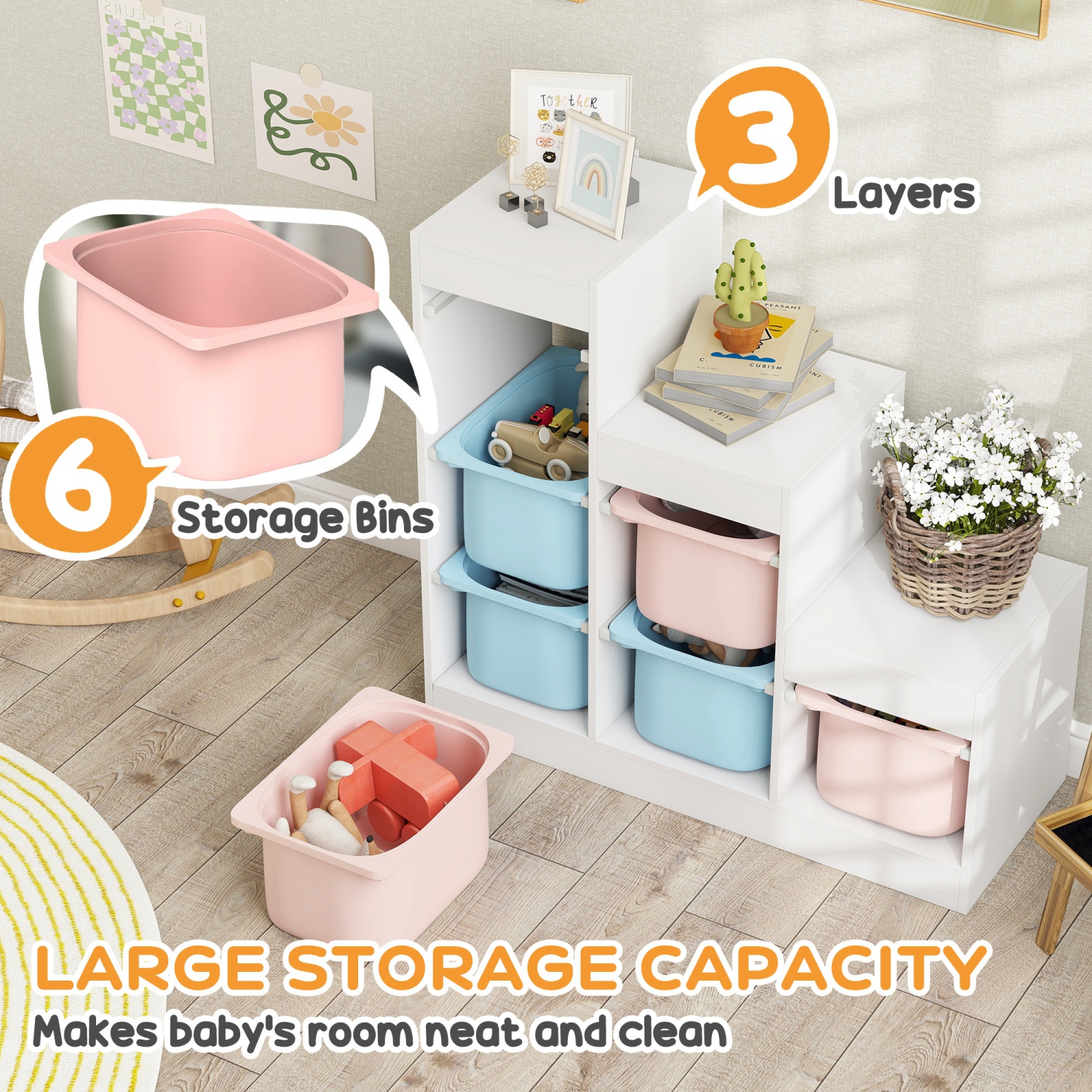Qaba Toy Storage Organizer with 6 Plastic Bins, 3 Layers Children Toy Storage with Anti-tipping Design, for Ages 3–8 Years, Study Room, Playroom,