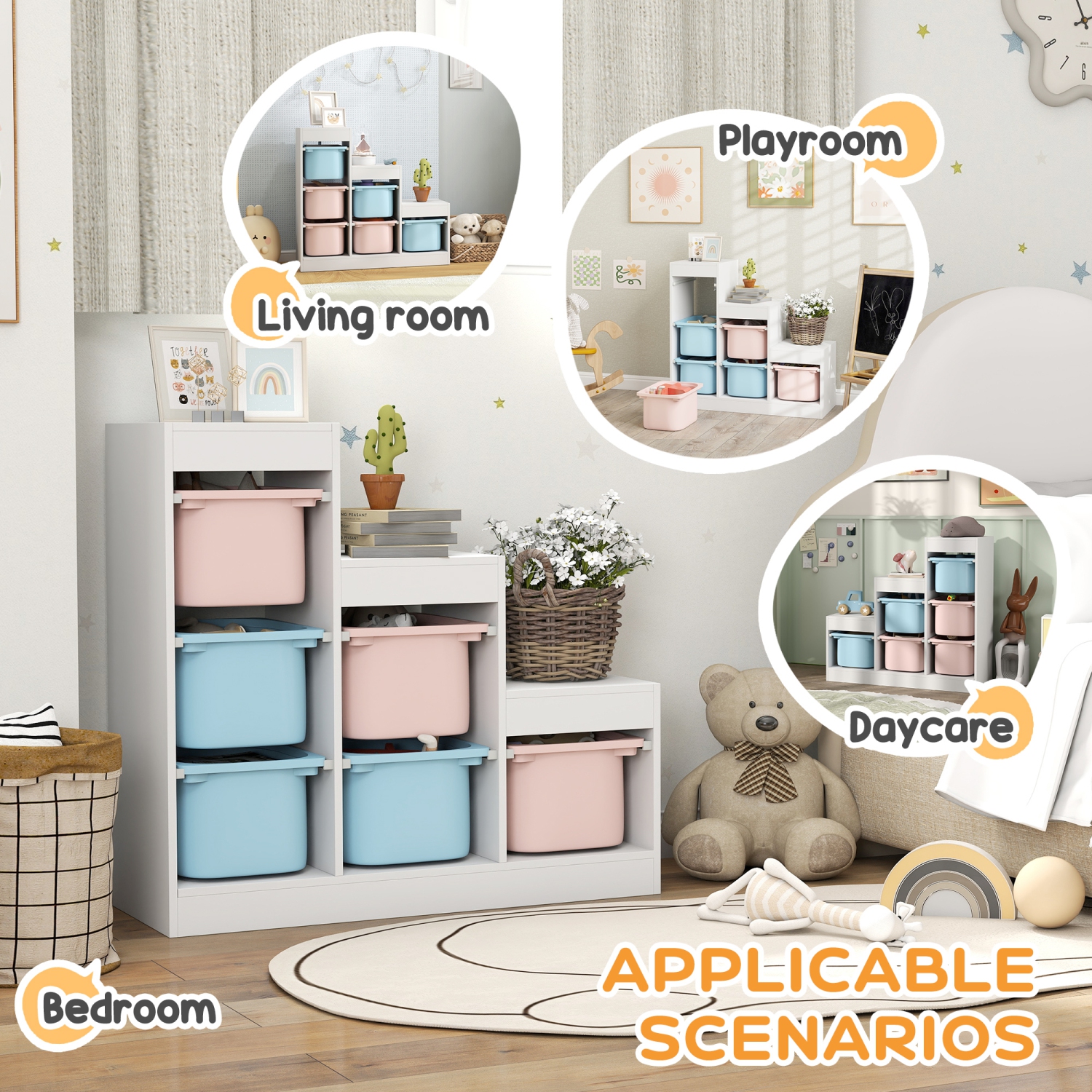 Qaba Toy Storage Organizer with 6 Plastic Bins, 3 Layers Children Toy Storage with Anti-tipping Design, for Ages 3–8 Years, Study Room, Playroom,