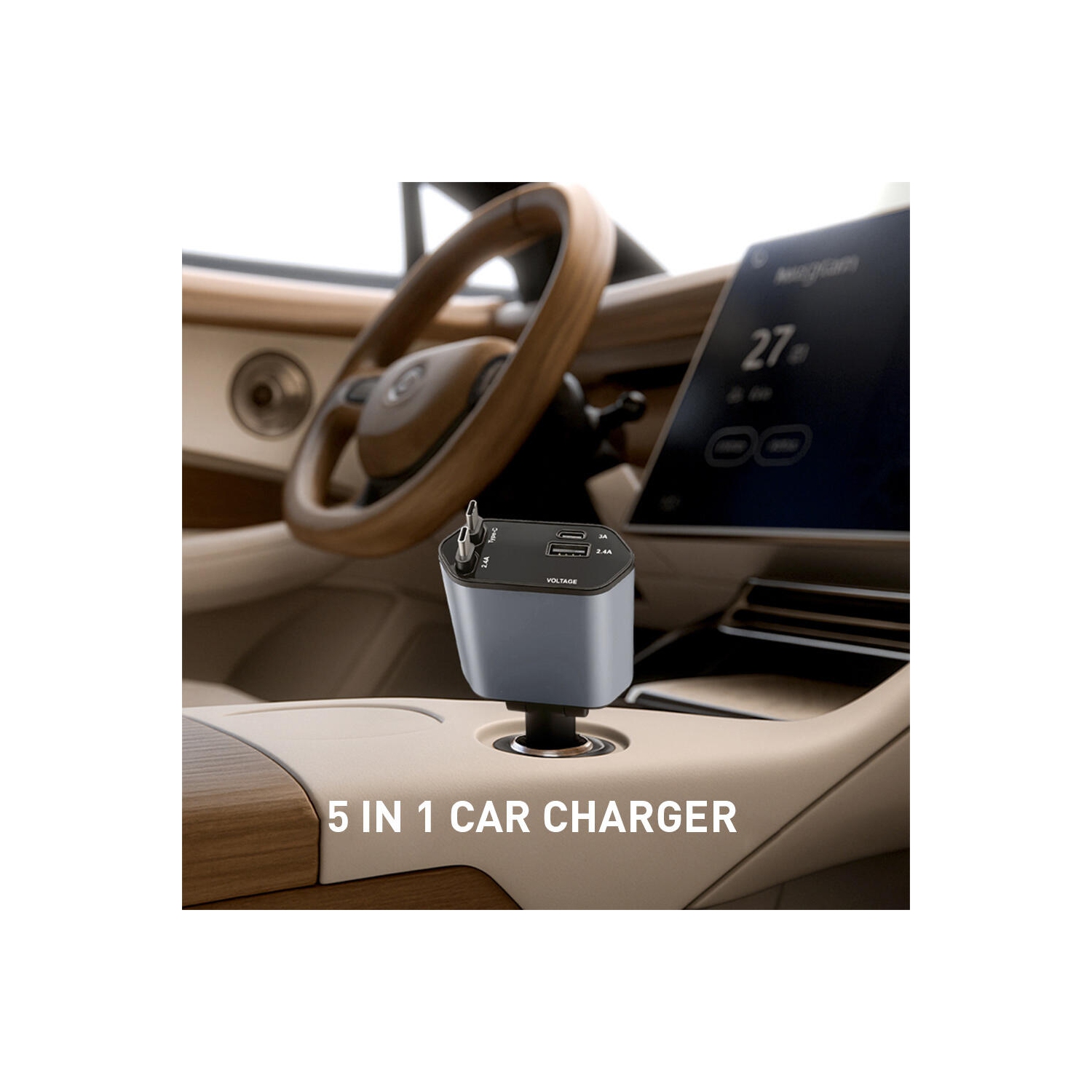 88W Retractable Car Charger, 4-in-1 Fast Car Phone Charger with 2.5ft Two Retractable Cables