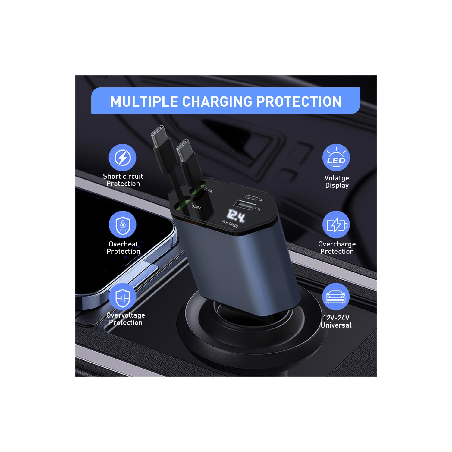 88W Retractable Car Charger, 4-in-1 Fast Car Phone Charger with 2.5ft Two Retractable Cables