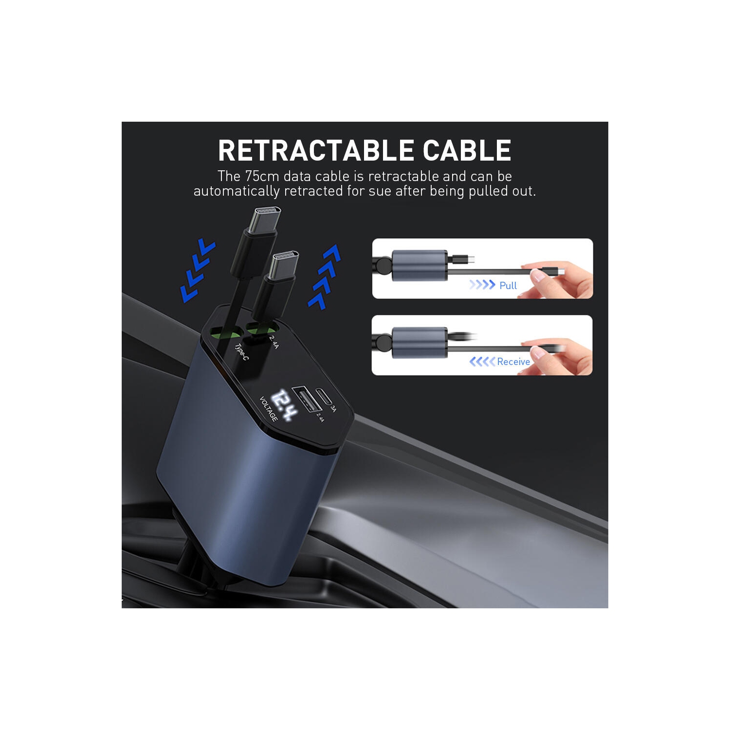 88W Retractable Car Charger, 4-in-1 Fast Car Phone Charger with 2.5ft Two Retractable Cables