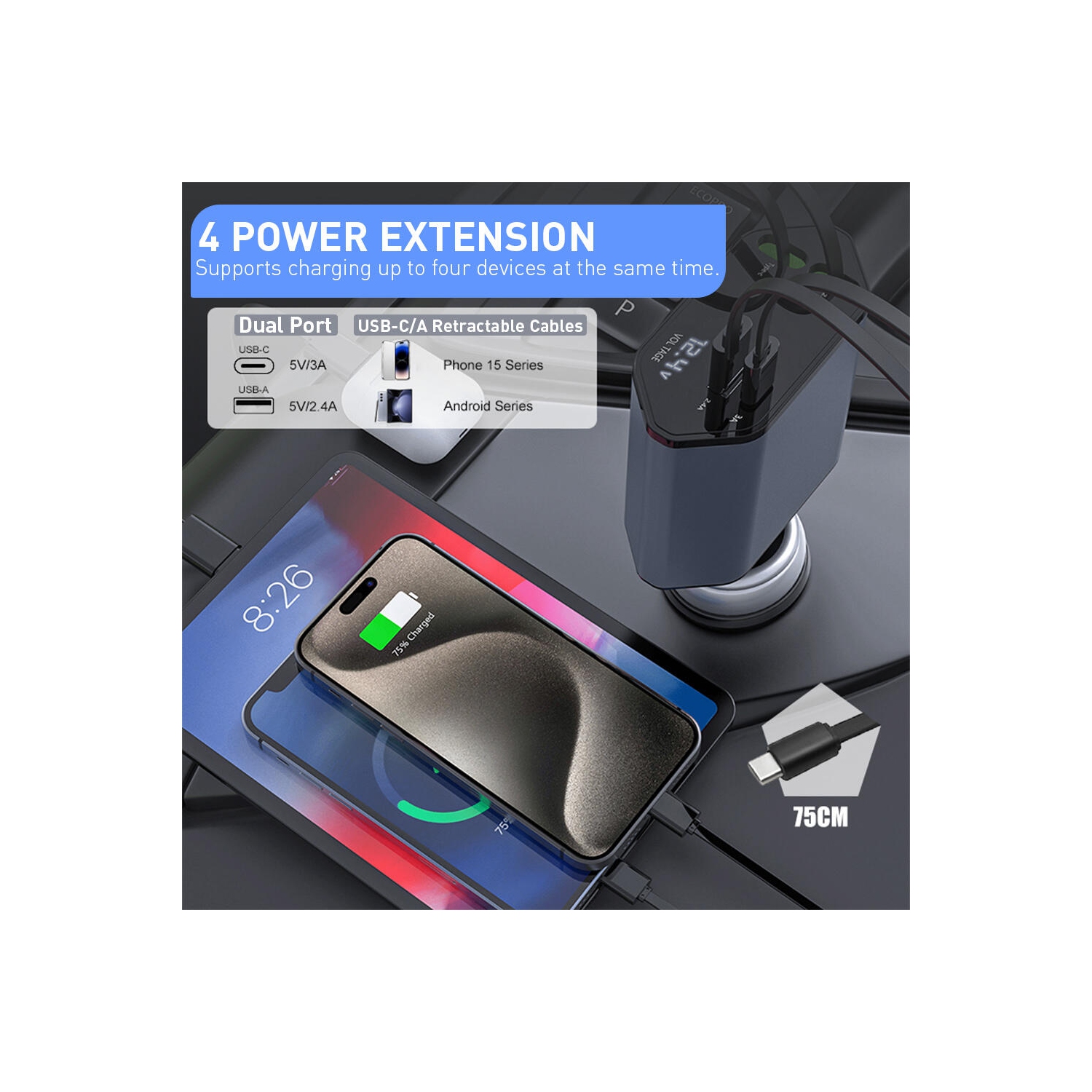 88W Retractable Car Charger, 4-in-1 Fast Car Phone Charger with 2.5ft Two Retractable Cables