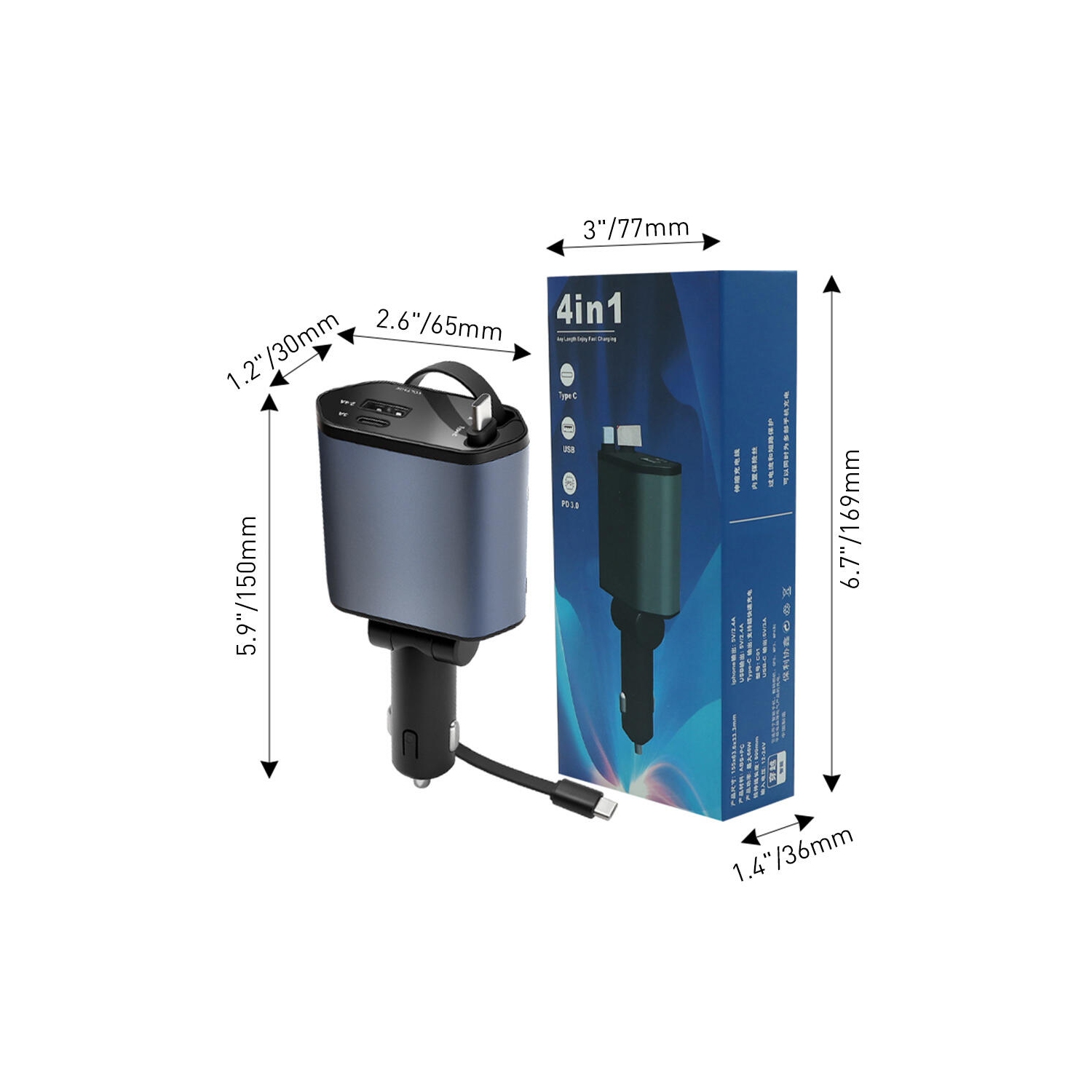 88W Retractable Car Charger, 4-in-1 Fast Car Phone Charger with 2.5ft Two Retractable Cables