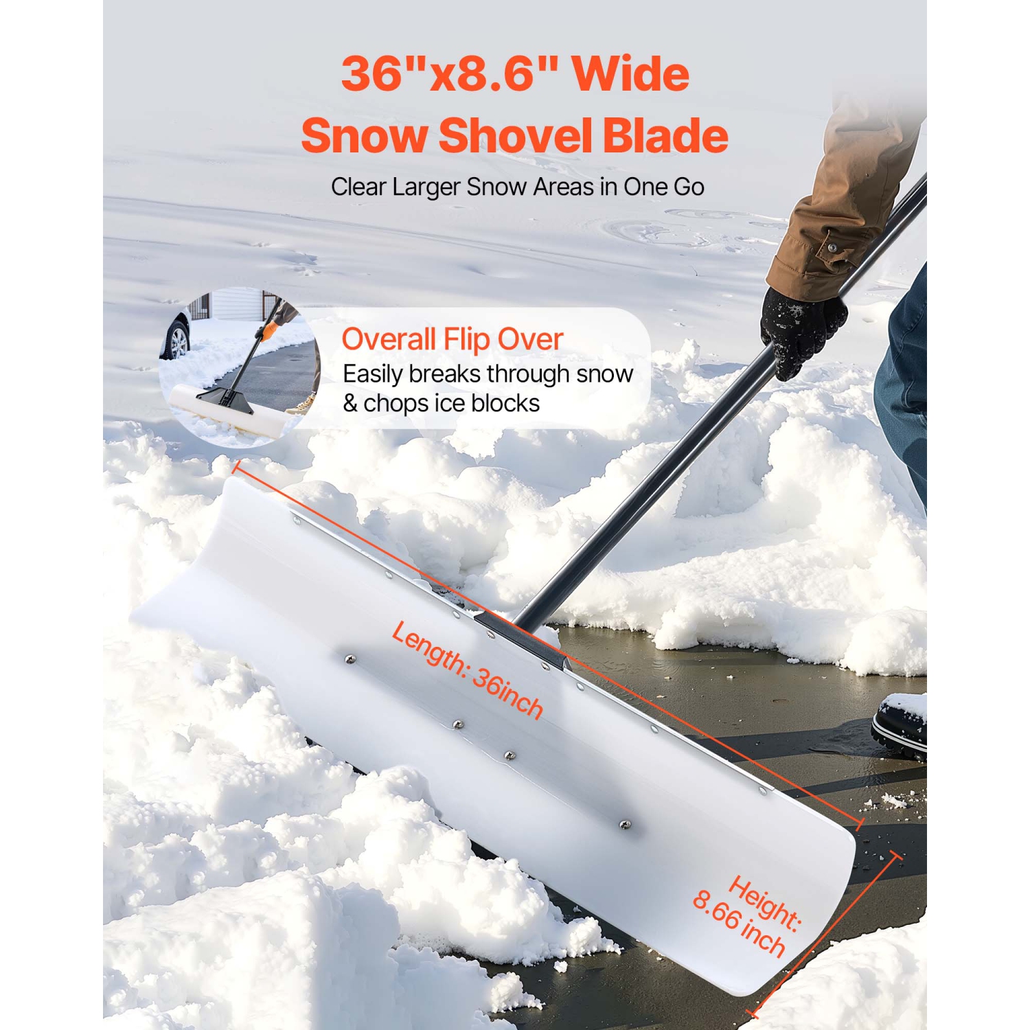 VEVOR 36 in Snow Pusher Shovel,Outdoor Snowplow Shovel with Ergonomic Grip, HDPE Plastic Blade, Winter Shovels with Segmented Handle, Metal Edged
