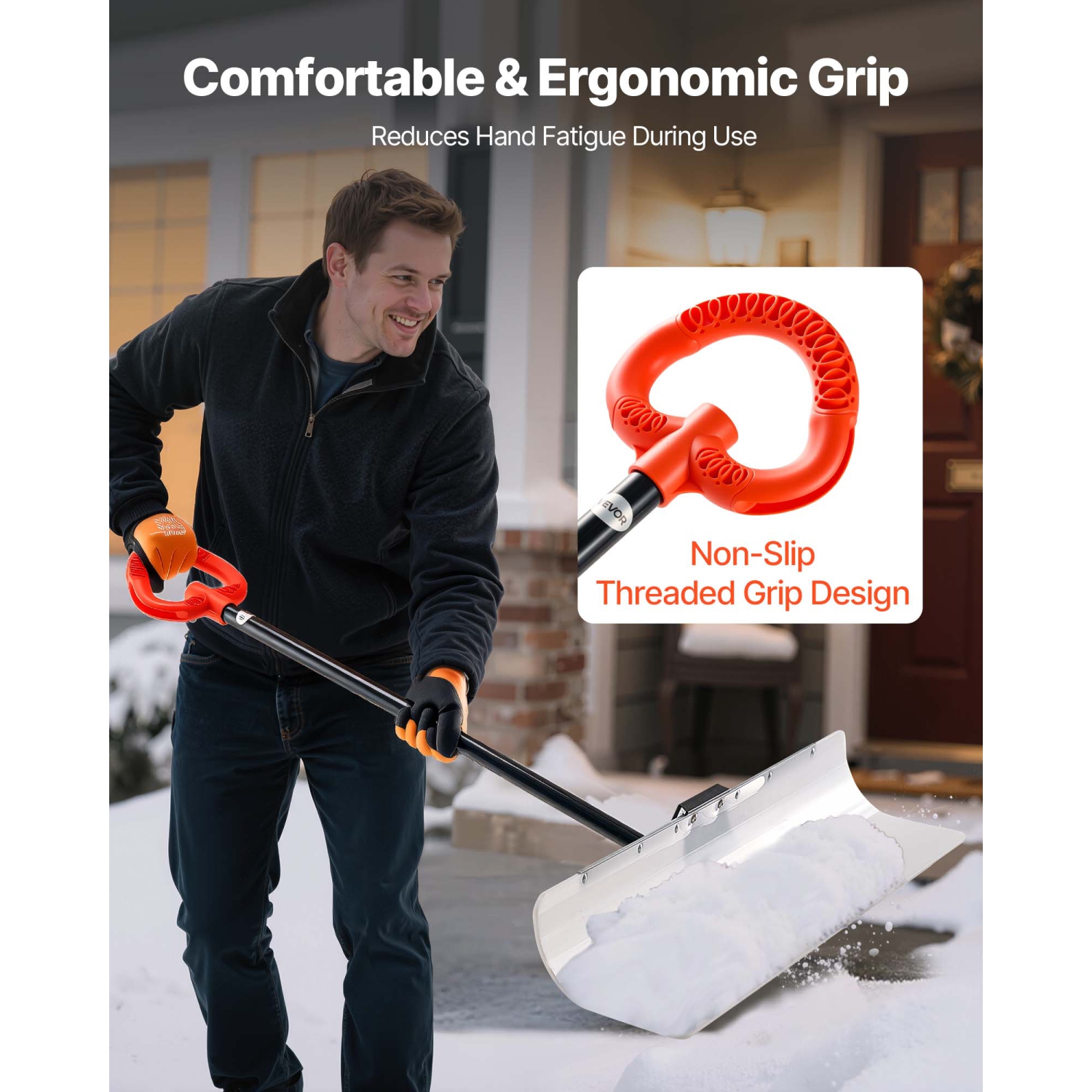 VEVOR 36 in Snow Pusher Shovel,Outdoor Snowplow Shovel with Ergonomic Grip, HDPE Plastic Blade, Winter Shovels with Segmented Handle, Metal Edged