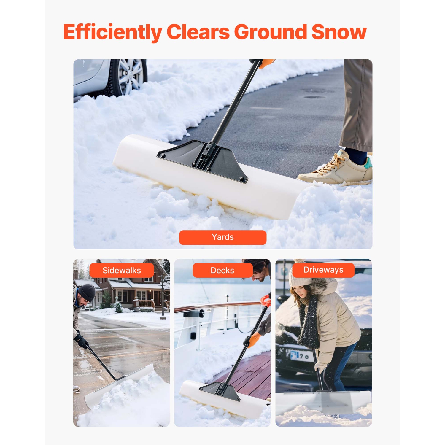 VEVOR 36 in Snow Pusher Shovel,Outdoor Snowplow Shovel with Ergonomic Grip, HDPE Plastic Blade, Winter Shovels with Segmented Handle, Metal Edged