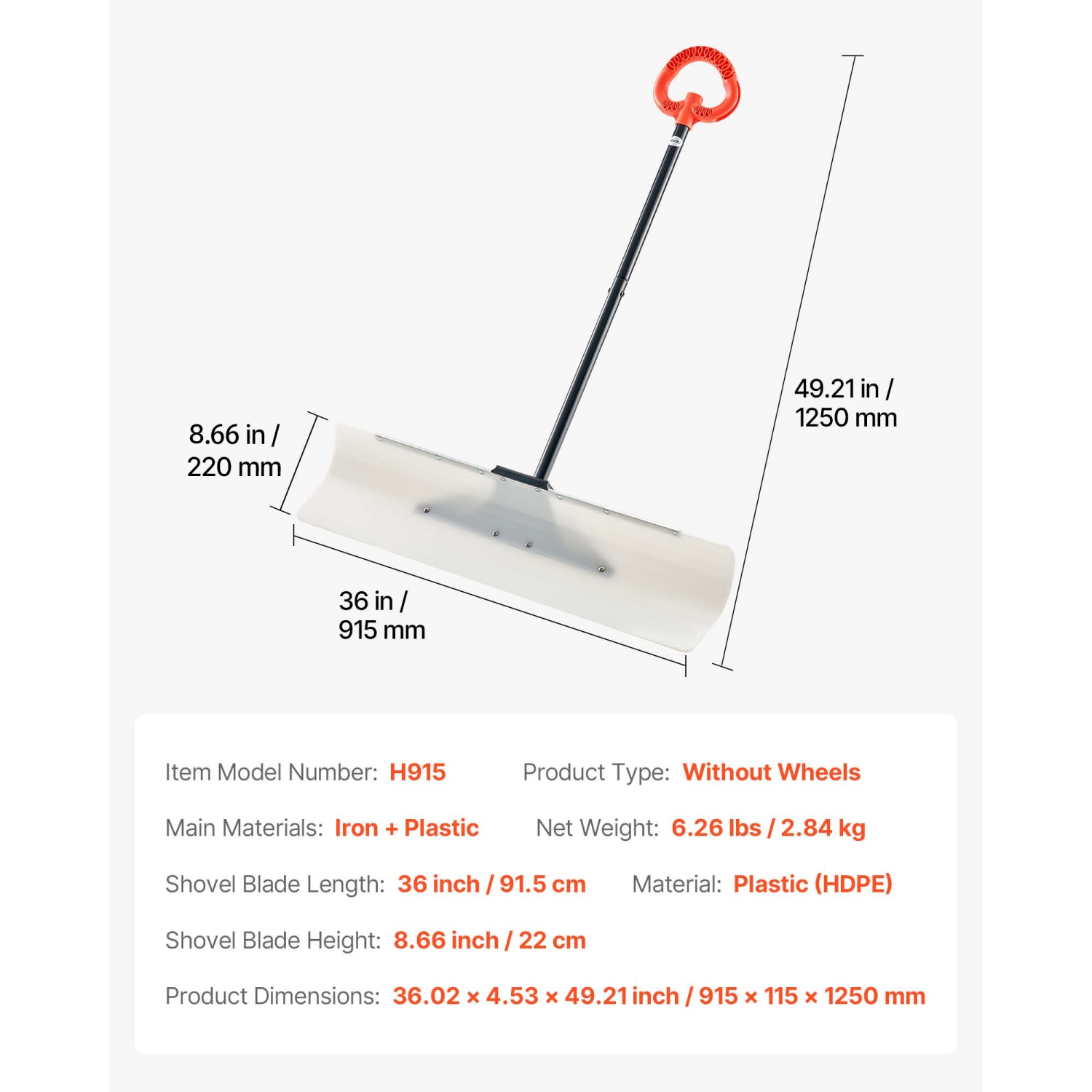 VEVOR 36 in Snow Pusher Shovel,Outdoor Snowplow Shovel with Ergonomic Grip, HDPE Plastic Blade, Winter Shovels with Segmented Handle, Metal Edged