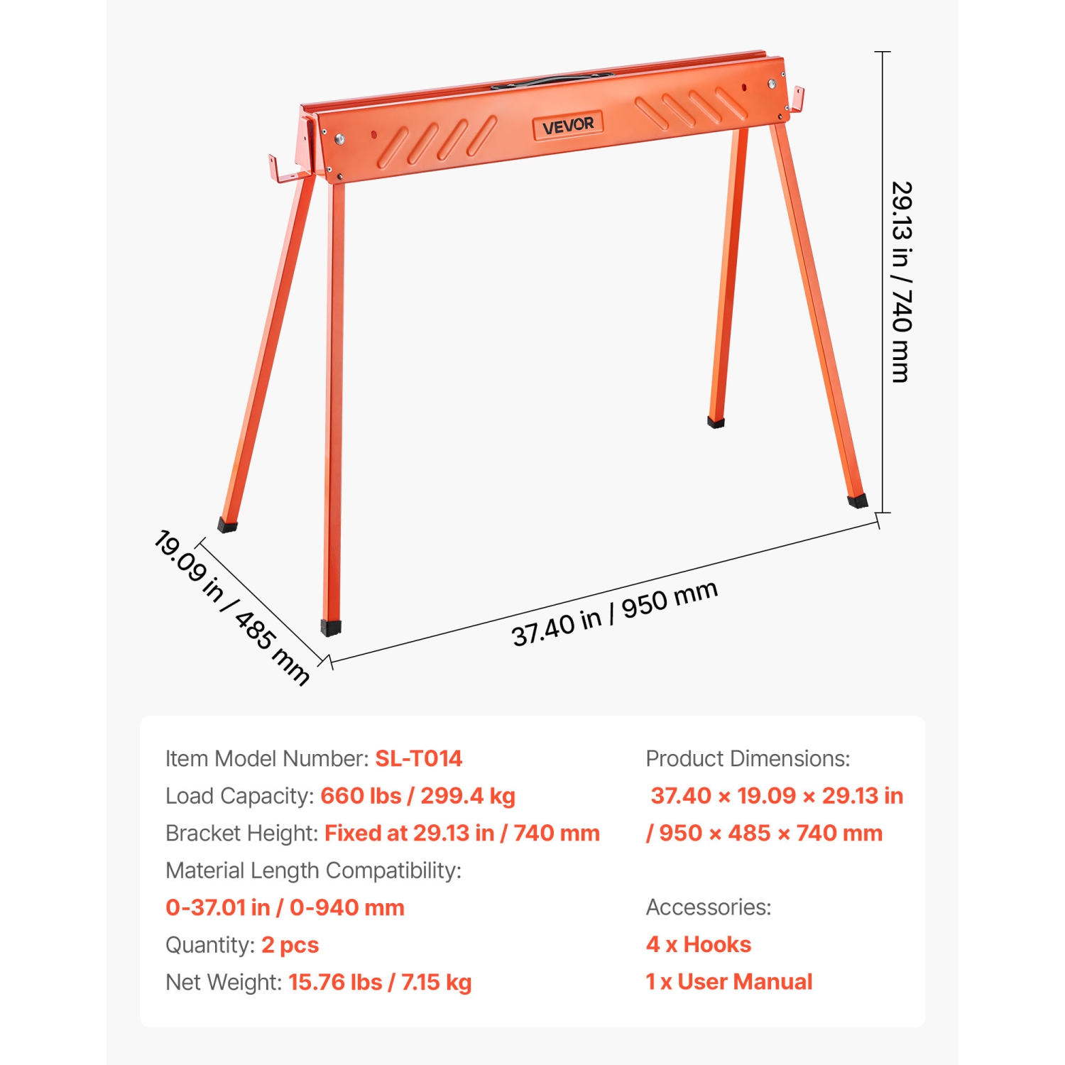 VEVOR 2 Pack Saw Horses, Folding Work Horses, 660 lbs Load Capacity Sawhorse with Heavy Duty Legs, All-Metal Portable Saw Horse with Non-Slip Foot