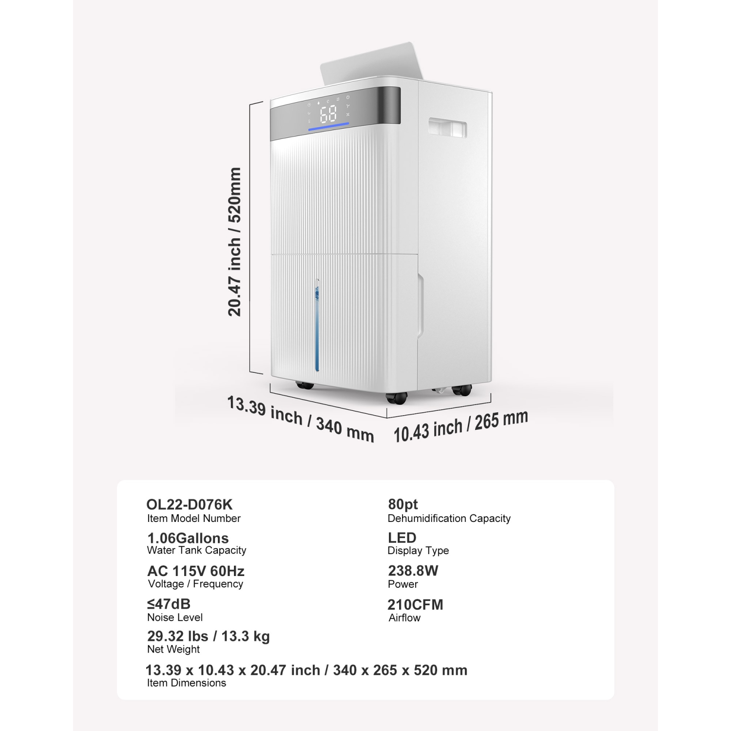 VEVOR 80 Pints Dehumidifier for Home & Basement, Drain Hose for Commercial & Industrial Use, Smart Humidity Control, Low Noise for Large Rooms,