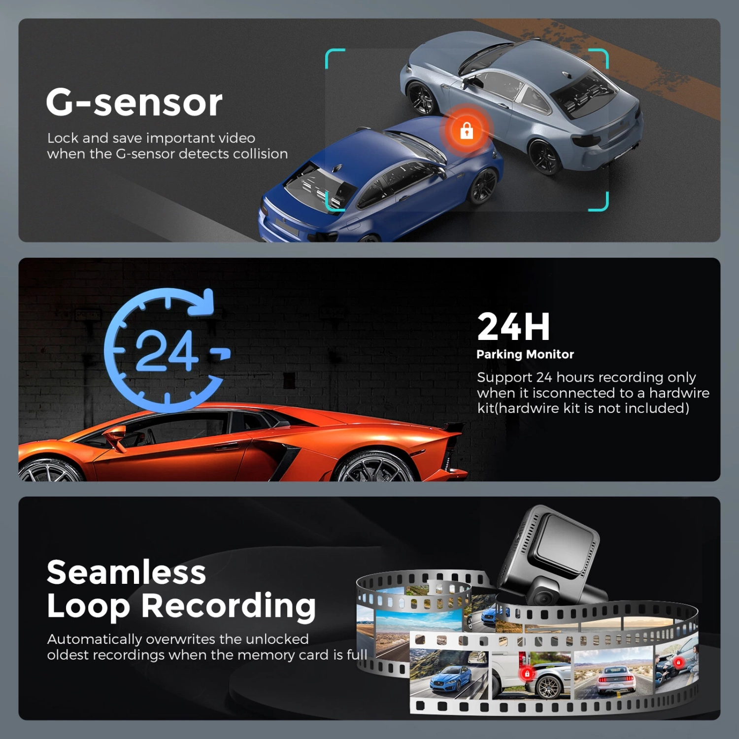 AZDOME V600 1080P+1080P 3&nbsp;po 3 canaux Caméra de tableau de bord avant, intérieur et arrière Vision nocturne Véhicules Enregistreur Mode de