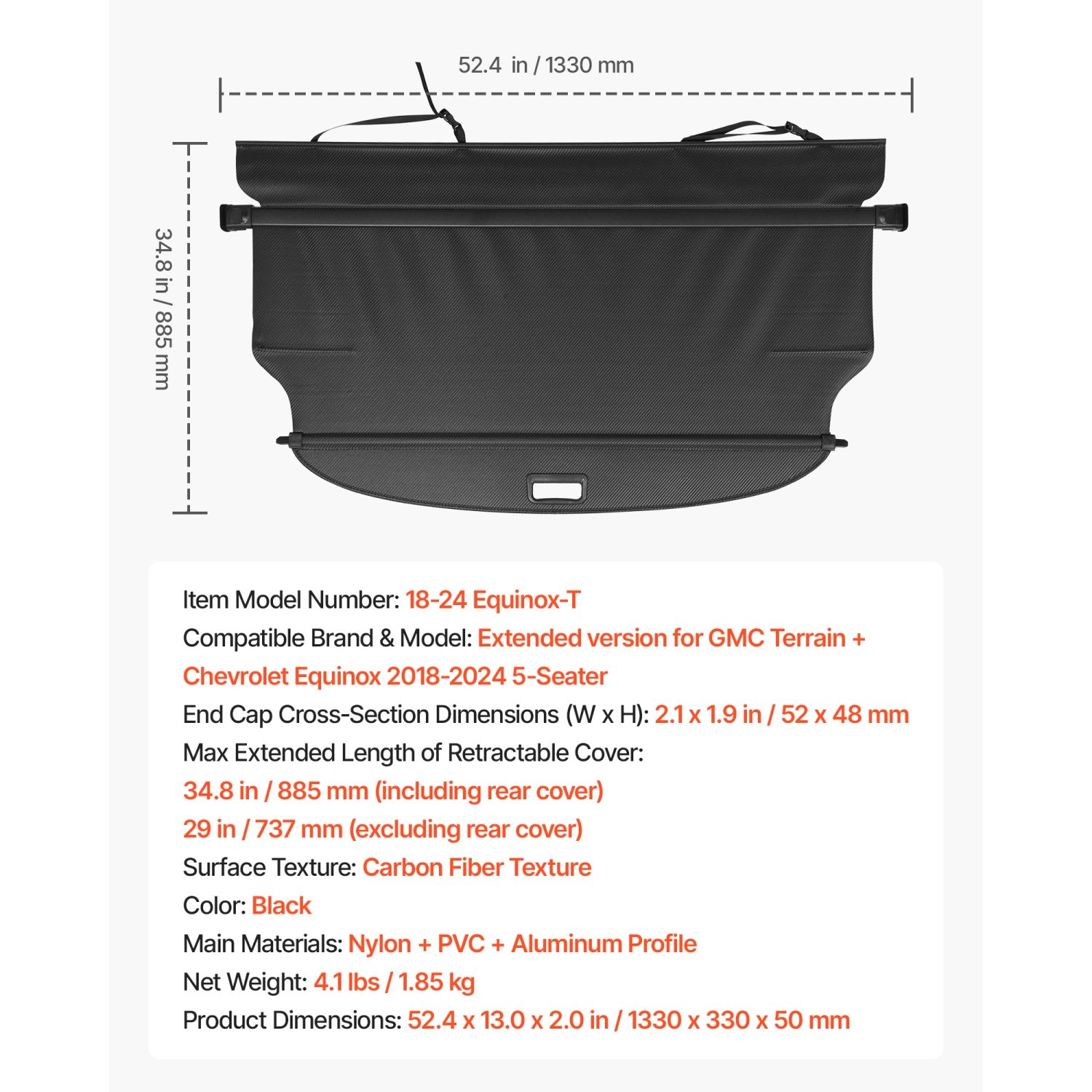 VEVOR 2018-2024 5-Seater Retractable Cargo Cover, Carbon Fiber Texture Trunk Cover, Anti-Peeping Luggage Privacy Shield, Seamless Fixation Shade,