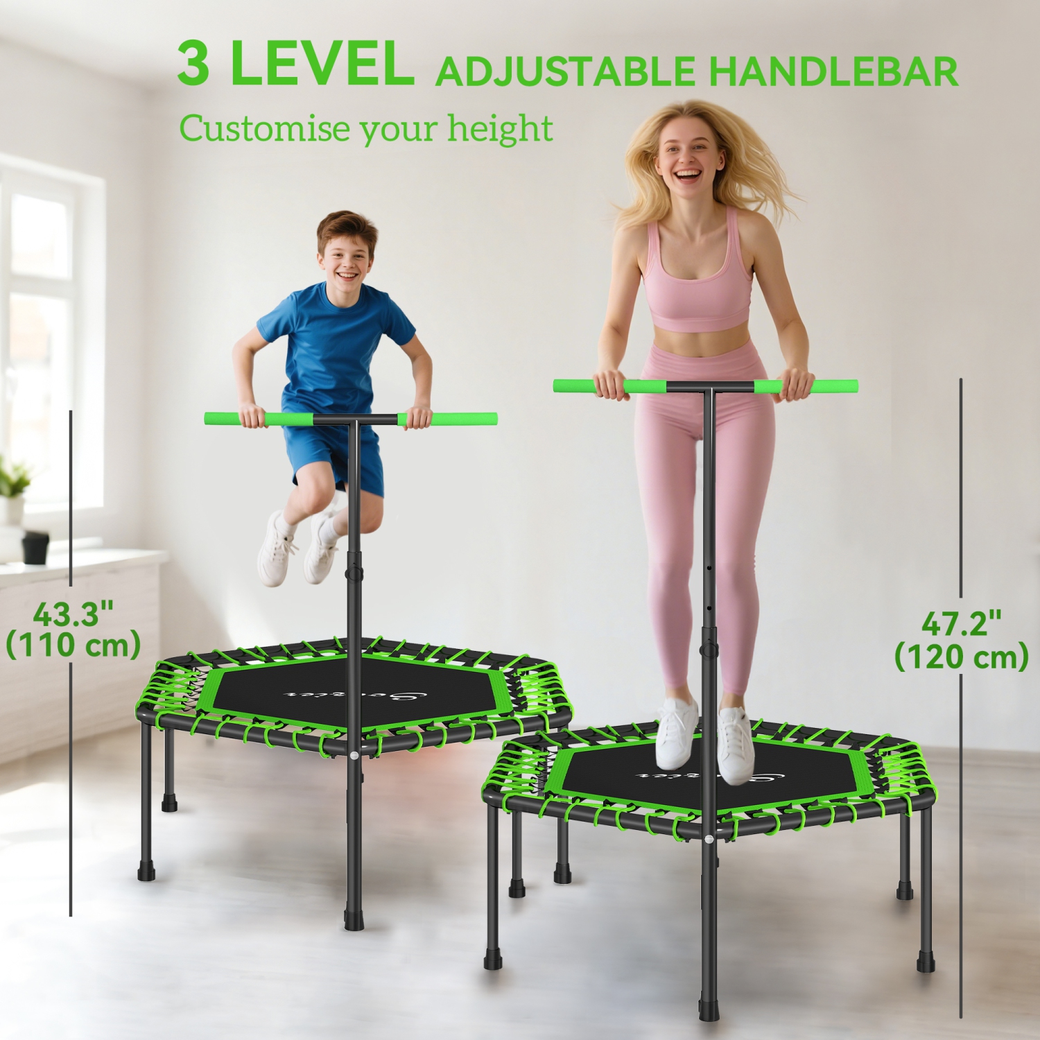 Soozier 45" Rebounder Trampoline for Adults, Mini Fitness Trampoline Bungee Rebounder with 3-Level Adjustable Handle, Indoor Outdoor Jumping Cardio