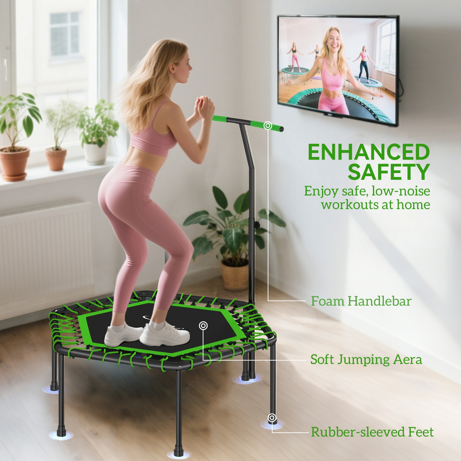 Soozier 45" Rebounder Trampoline for Adults, Mini Fitness Trampoline Bungee Rebounder with 3-Level Adjustable Handle, Indoor Outdoor Jumping Cardio