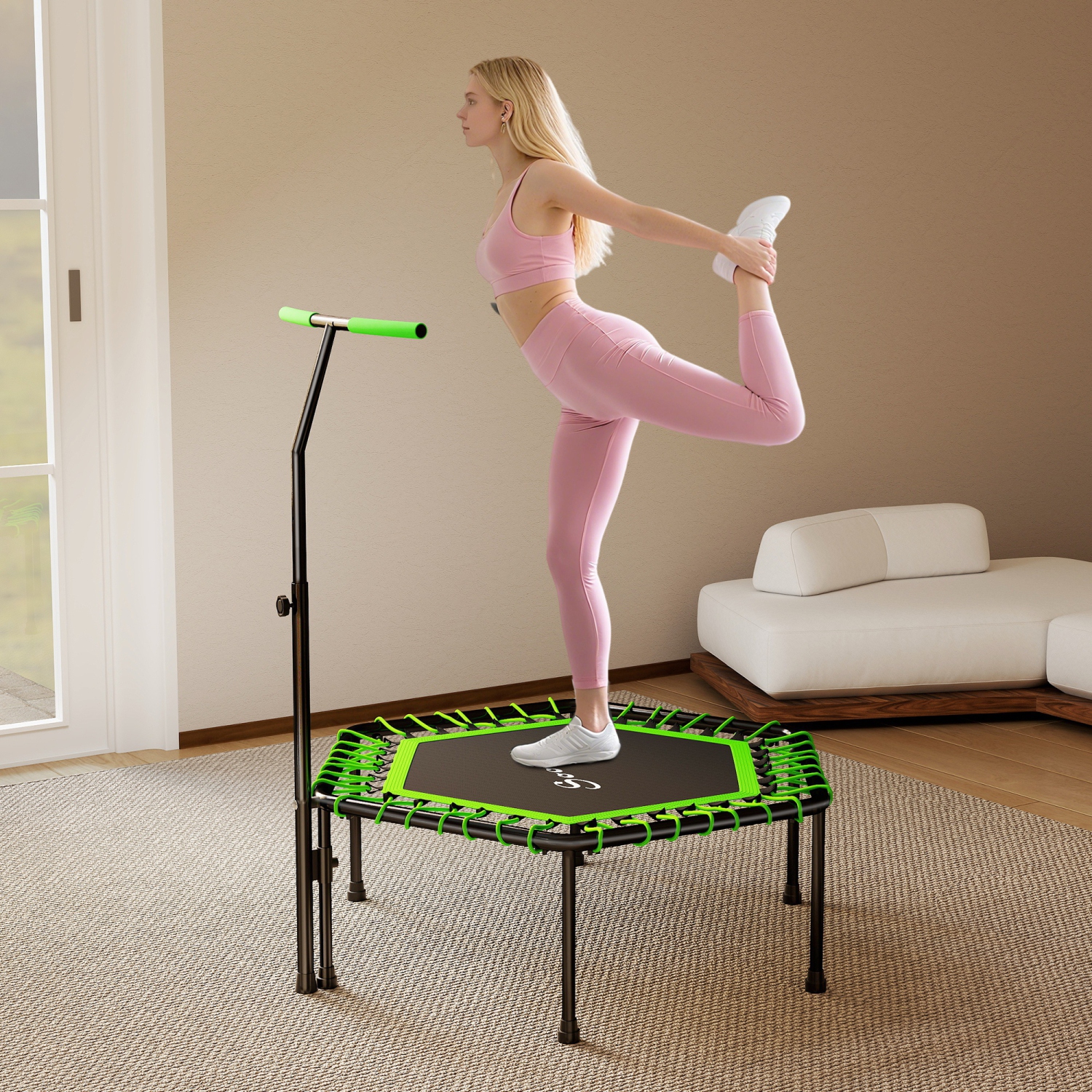 Soozier 45" Rebounder Trampoline for Adults, Mini Fitness Trampoline Bungee Rebounder with 3-Level Adjustable Handle, Indoor Outdoor Jumping Cardio