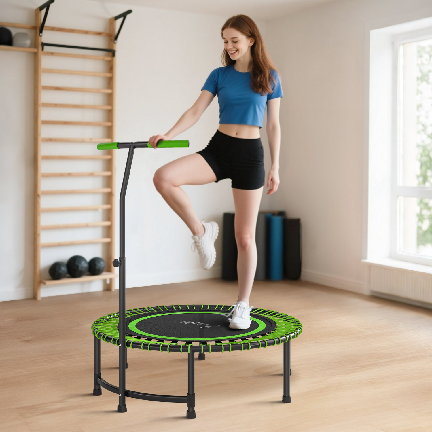 Soozier 45" Rebounder Trampoline for Adults, Mini Fitness Trampoline Bungee Rebounder with 5-Level Adjustable Handle, Indoor Outdoor Jumping Cardio