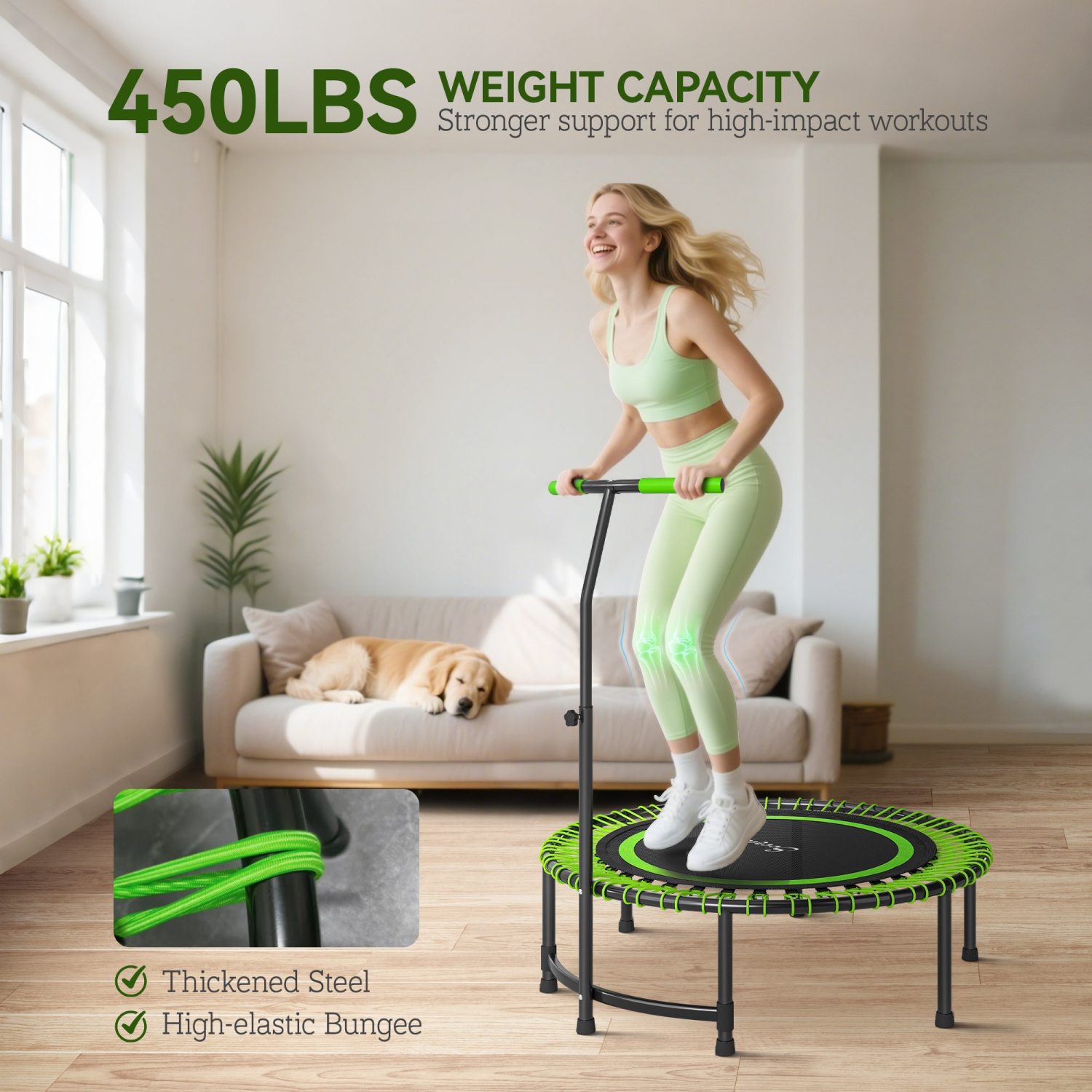 Soozier 45" Rebounder Trampoline for Adults, Mini Fitness Trampoline Bungee Rebounder with 5-Level Adjustable Handle, Indoor Outdoor Jumping Cardio