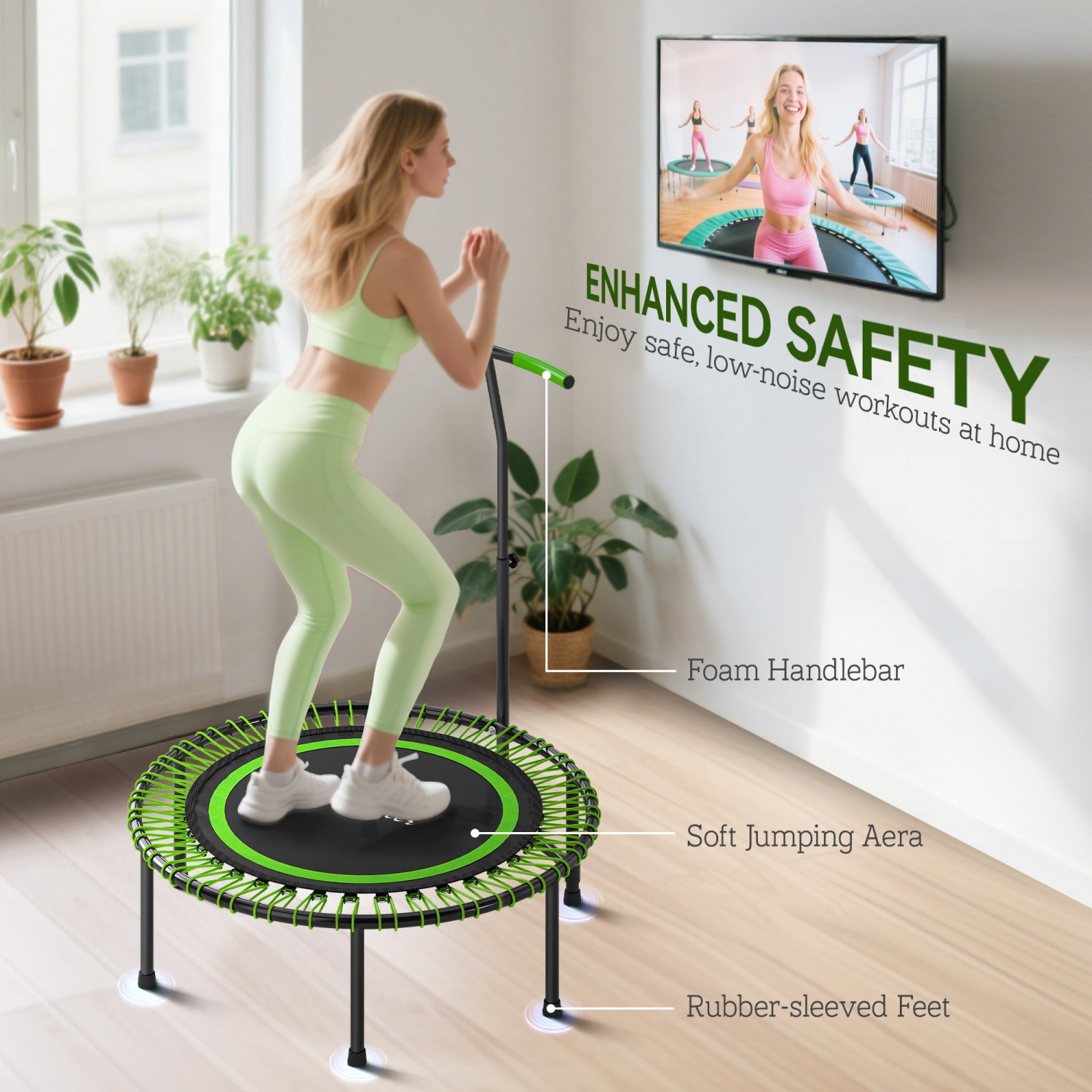 Soozier 45" Rebounder Trampoline for Adults, Mini Fitness Trampoline Bungee Rebounder with 5-Level Adjustable Handle, Indoor Outdoor Jumping Cardio