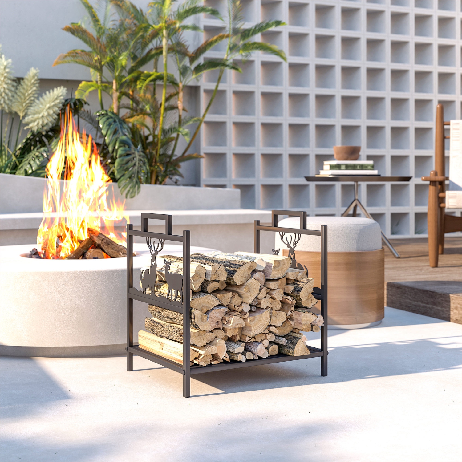 Outsunny – Support à bûches d'extérieur robuste décoratif avec poignées, rangement intérieur extérieur en bois pour foyer, 16.7 x 13,2" x 16,9", noir