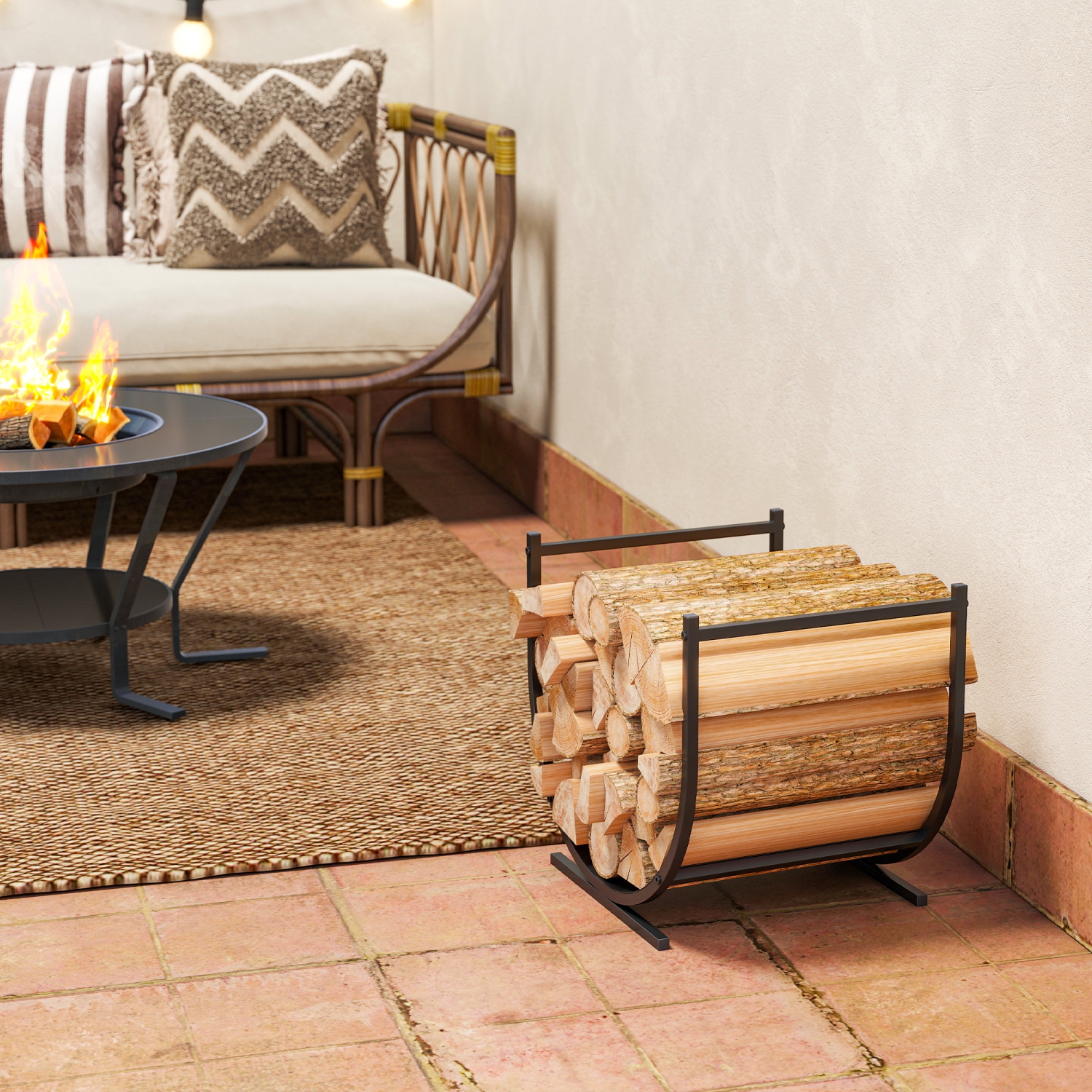 Outsunny Firewood Rack Outdoor, 17 Inch Heavy Duty Log Holder for Indoor Fireplace Storage, Outdoor Curved Fire Wood Organizer, Black