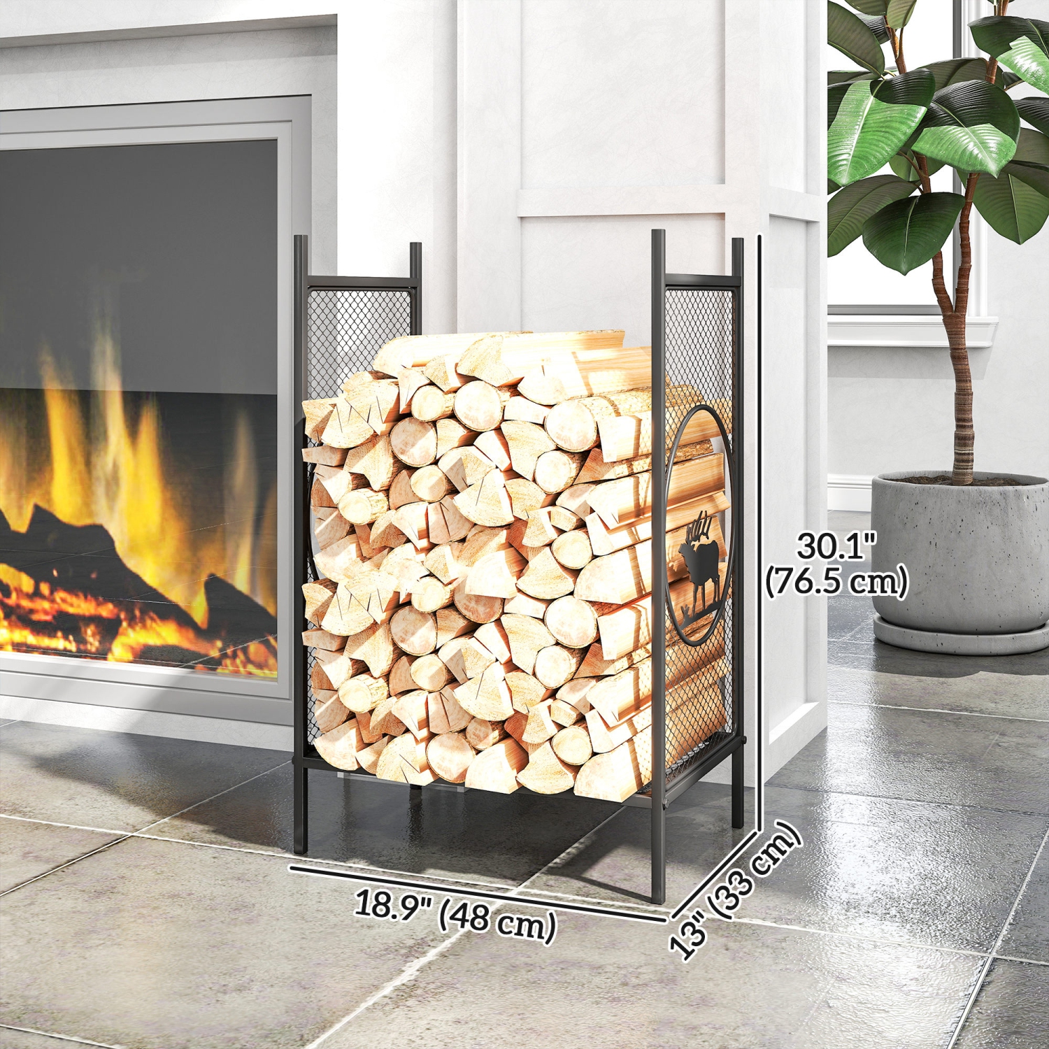 Support extérieur Outsunny Firewood, porte-bûches en métal robuste de 19 po avec côtés en filet, motifs décoratifs de cerfs et pieds