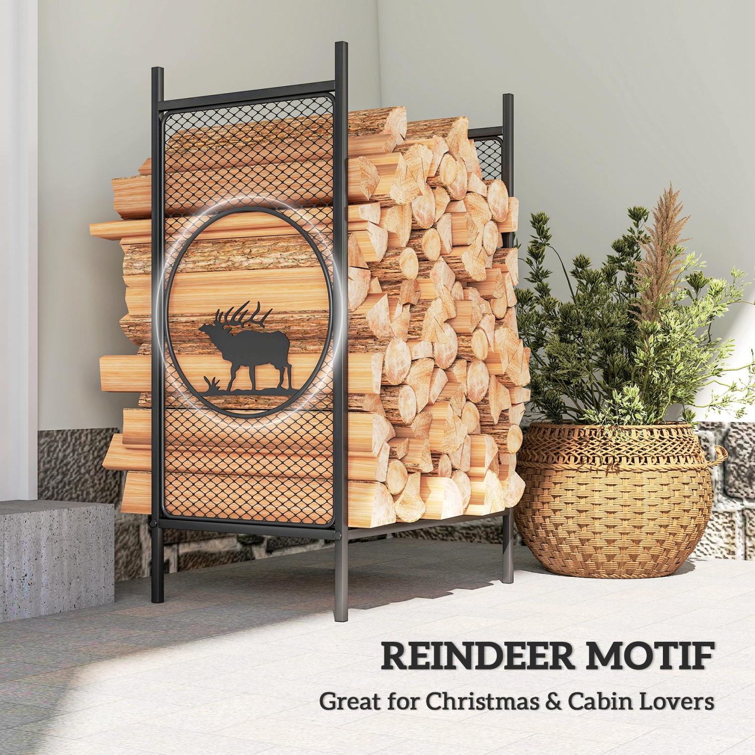 Support extérieur Outsunny Firewood, porte-bûches en métal robuste de 19 po avec côtés en filet, motifs décoratifs de cerfs et pieds