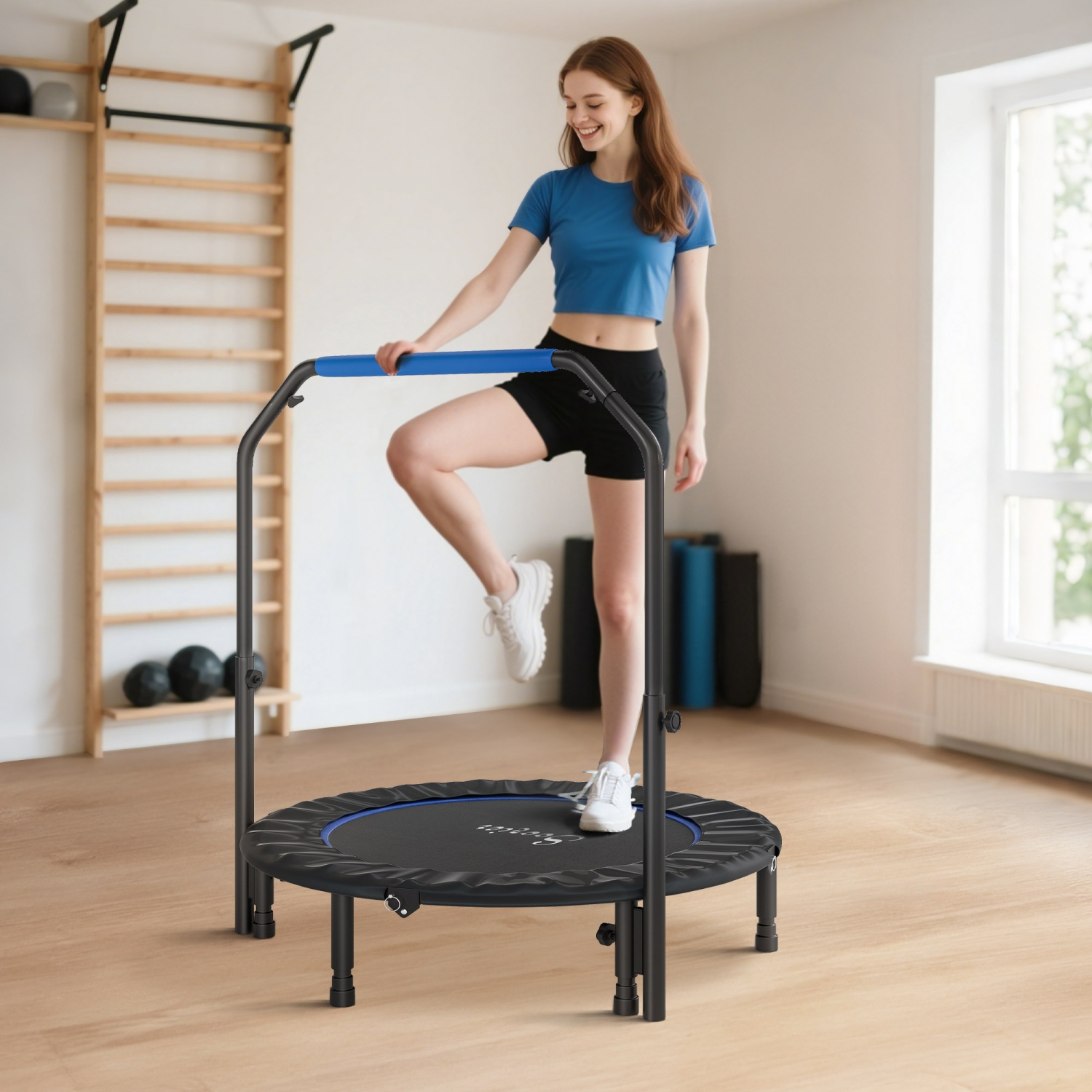 Soozier 45" Foldable Rebounder Trampoline for Adult, Mini Trampoline Indoor and Outdoor with 4 Level Adjustable U-Shaped Foam Handle, Quiet and Safe