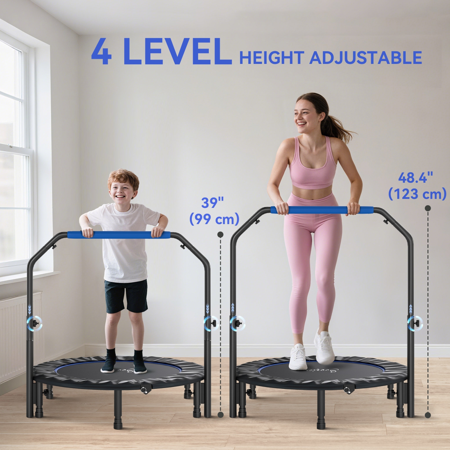 Soozier 45" Foldable Rebounder Trampoline for Adult, Mini Trampoline Indoor and Outdoor with 4 Level Adjustable U-Shaped Foam Handle, Quiet and Safe