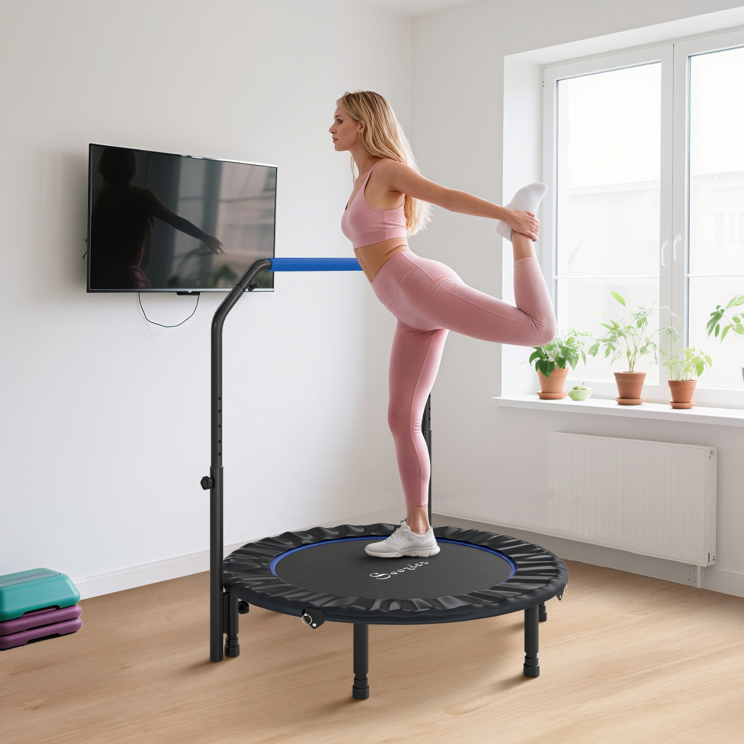 Soozier 45" Foldable Rebounder Trampoline for Adult, Mini Trampoline Indoor and Outdoor with 4 Level Adjustable U-Shaped Foam Handle, Quiet and Safe